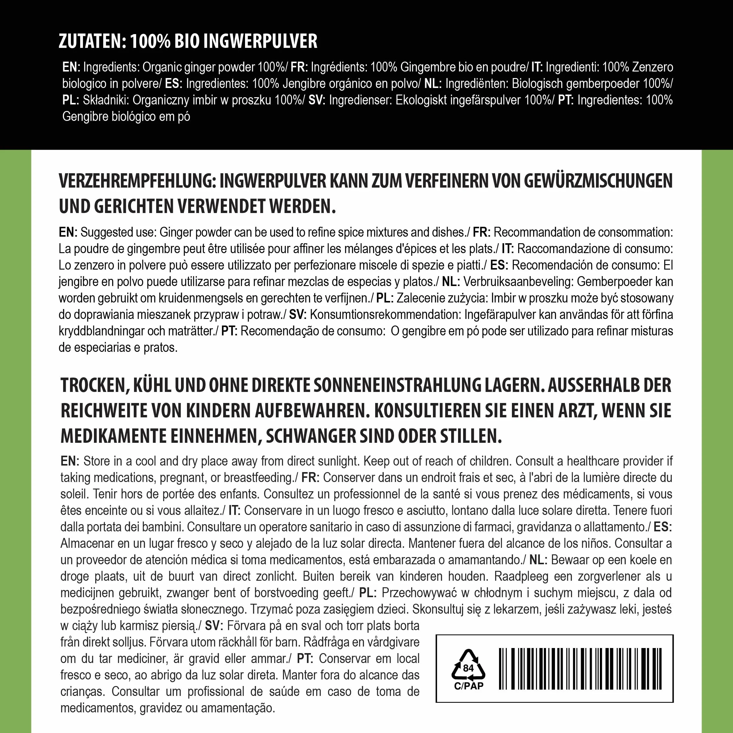 Alpi Nature Ekologiczny Proszek z Imbiru 100g, Suszony Mielony Korzeń Imbiru do Gotowania
