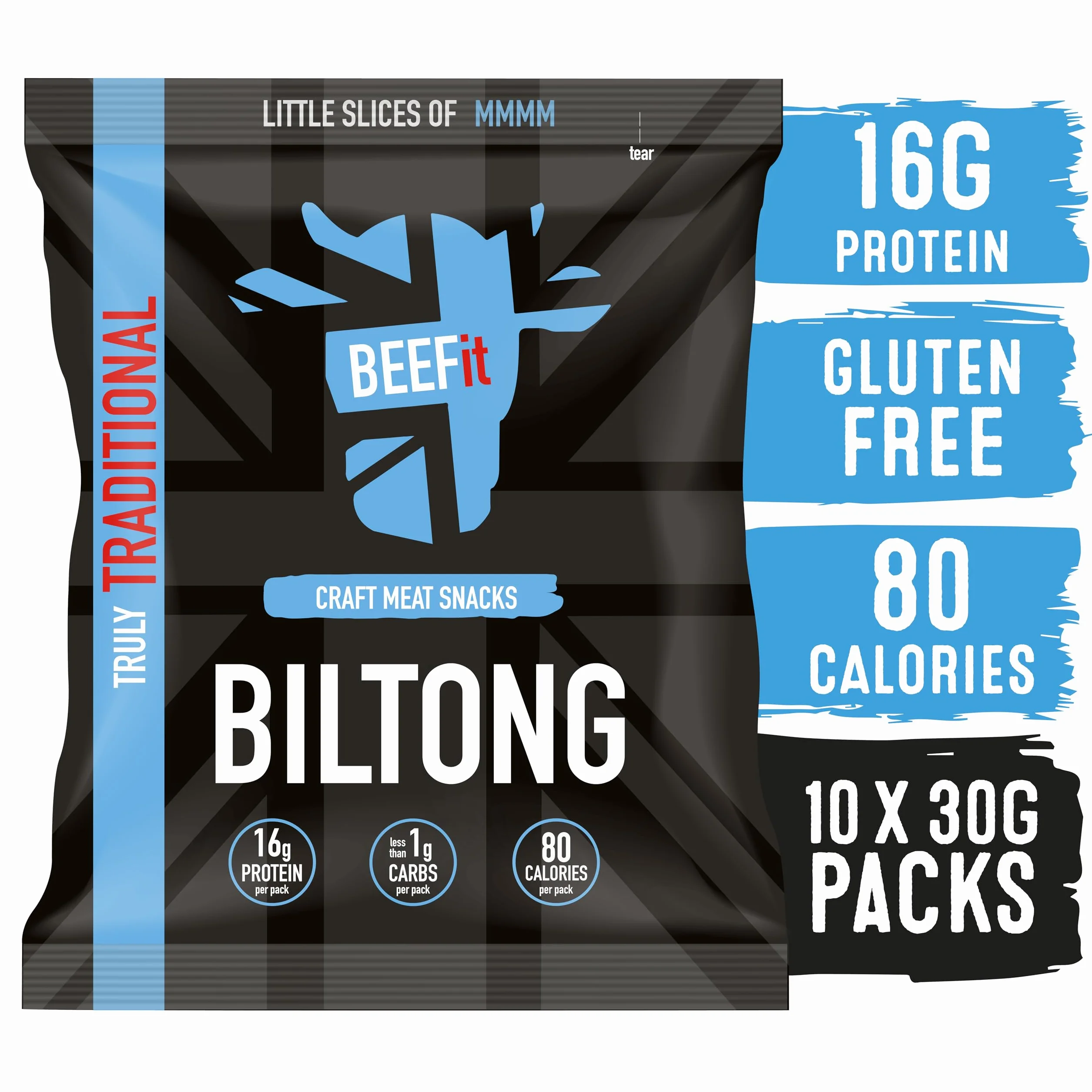 BEEFit Biltong Beef Jerky, przekąska proteinowa, niskowęglowodanowe, niskokaloryczne przekąski, 100% wołowina, biltong bezglutenowy, zdrowa przekąska keto w podróży – tradycyjna suszona mięso, duże