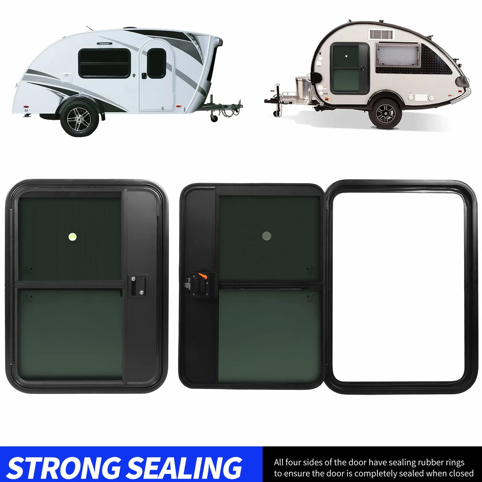 Drzwi RV, 27.16x37.4in Pełne uszczelnienie drzwi do przyczepy kempingowej z siatką przeciw owadom Bezpieczny zamek, Teardrop Door Caravan Door Trailer Entrance Door, Rounded