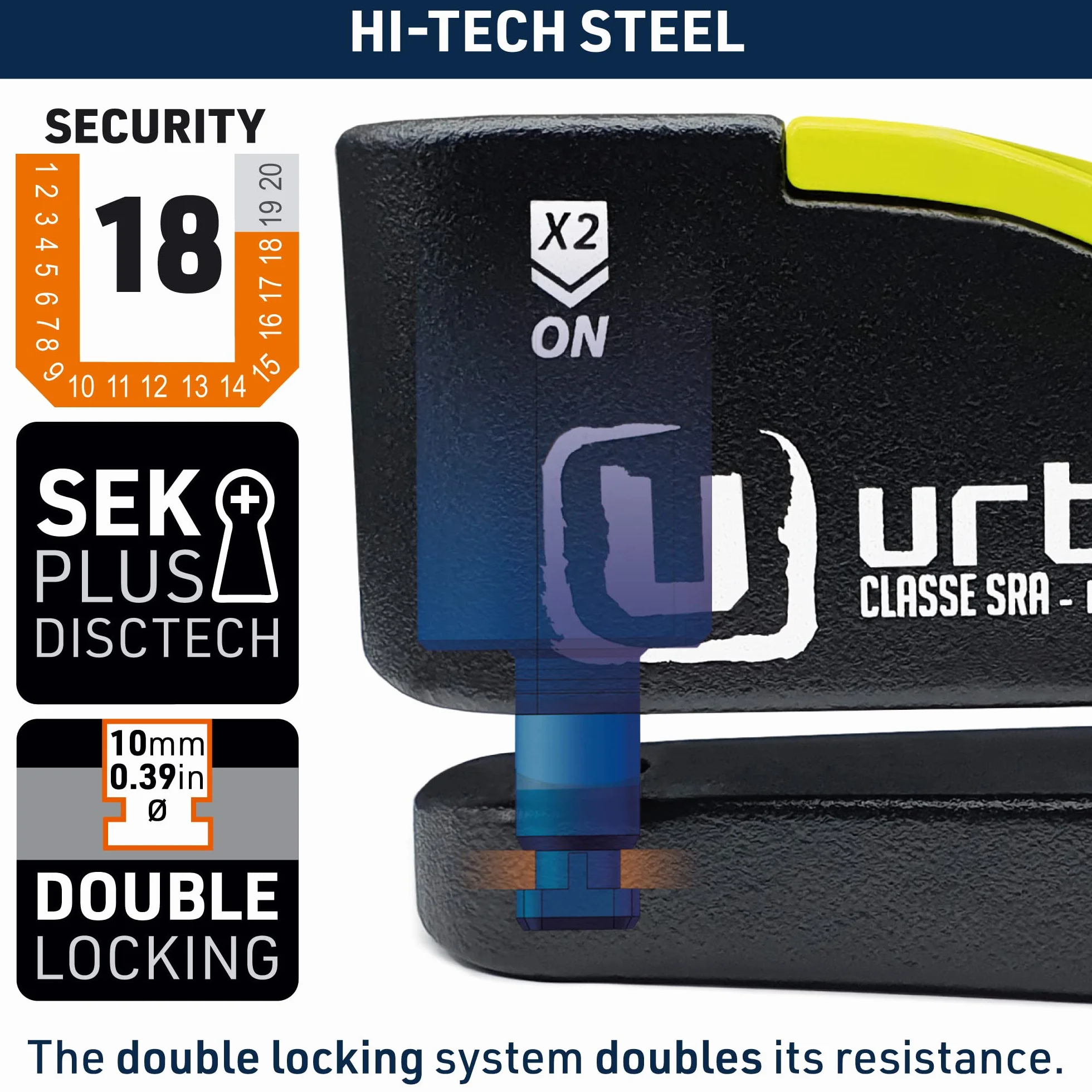Urban UR10 Blokada Dysku Alarmowego Anti-Theft Disc Lock z alarmem 120 dB + ostrzeżenie, certyfikat High Security CLASSE SRA, wałek 10 mm, wyprodukowano w UE