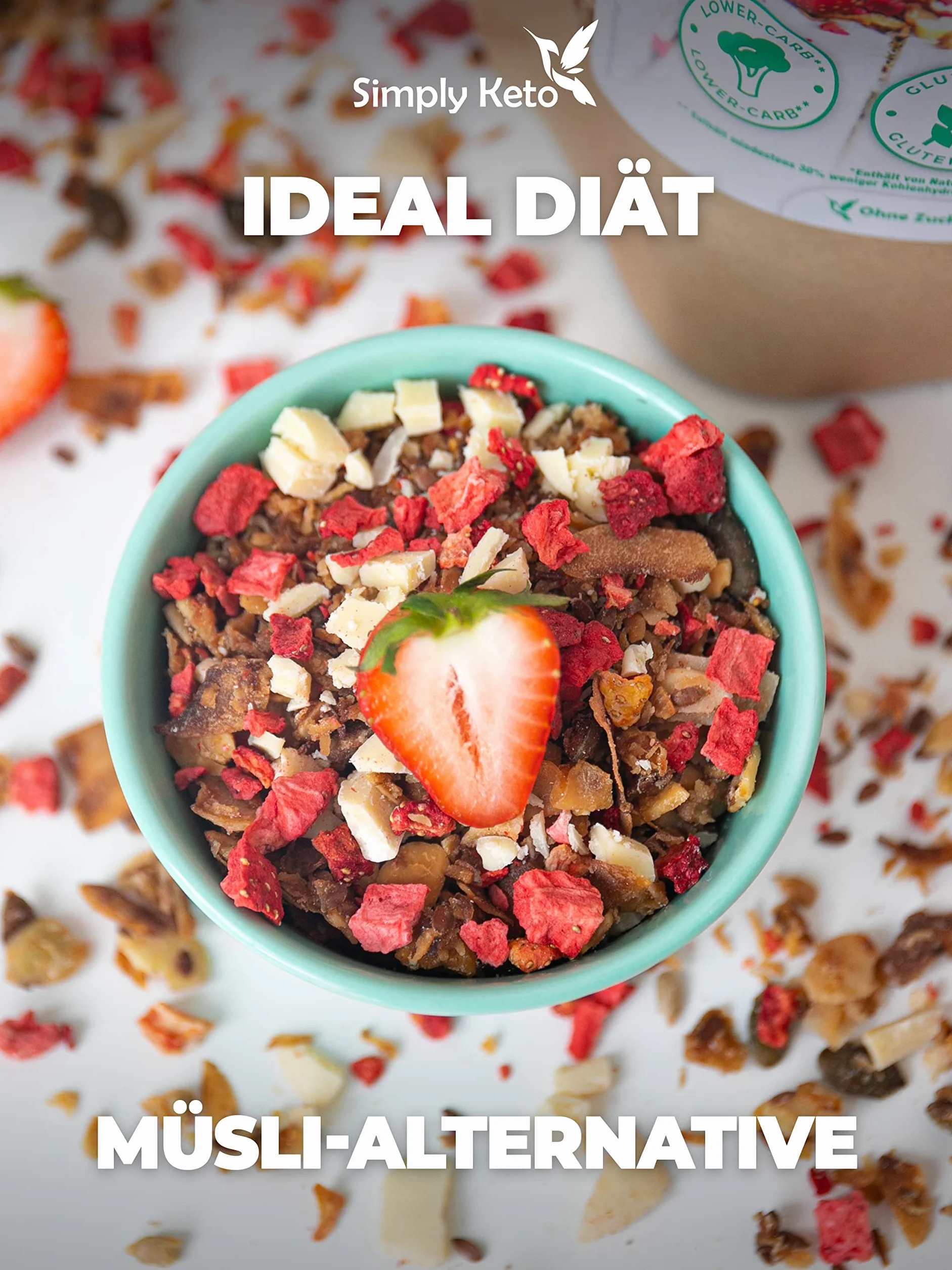 Simply Keto Niski poziom węglowodanów Erdbeer Knusper Granola z białą czekoladą bez dodatku cukru 250g