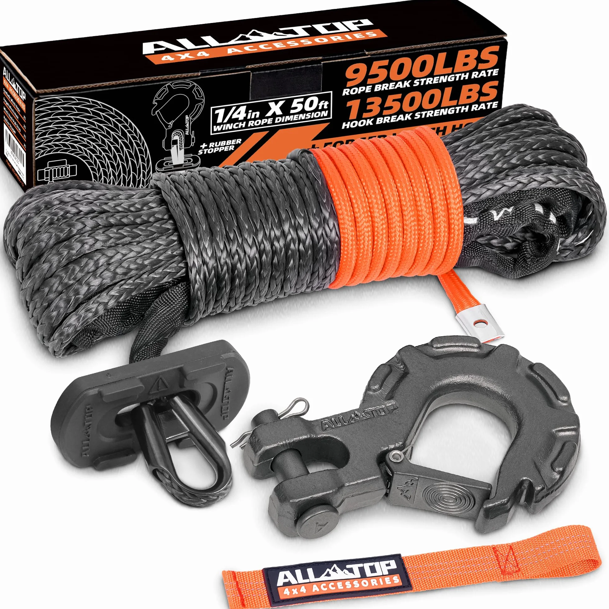 ALL-TOP Zestaw kabli do wyciągarki syntetycznej: 1/4 cala x 6 stóp 4500 kg Linia wyciągarki z tuleją ochronną + kuty hak wciągarki + pasek bezpieczeństwa