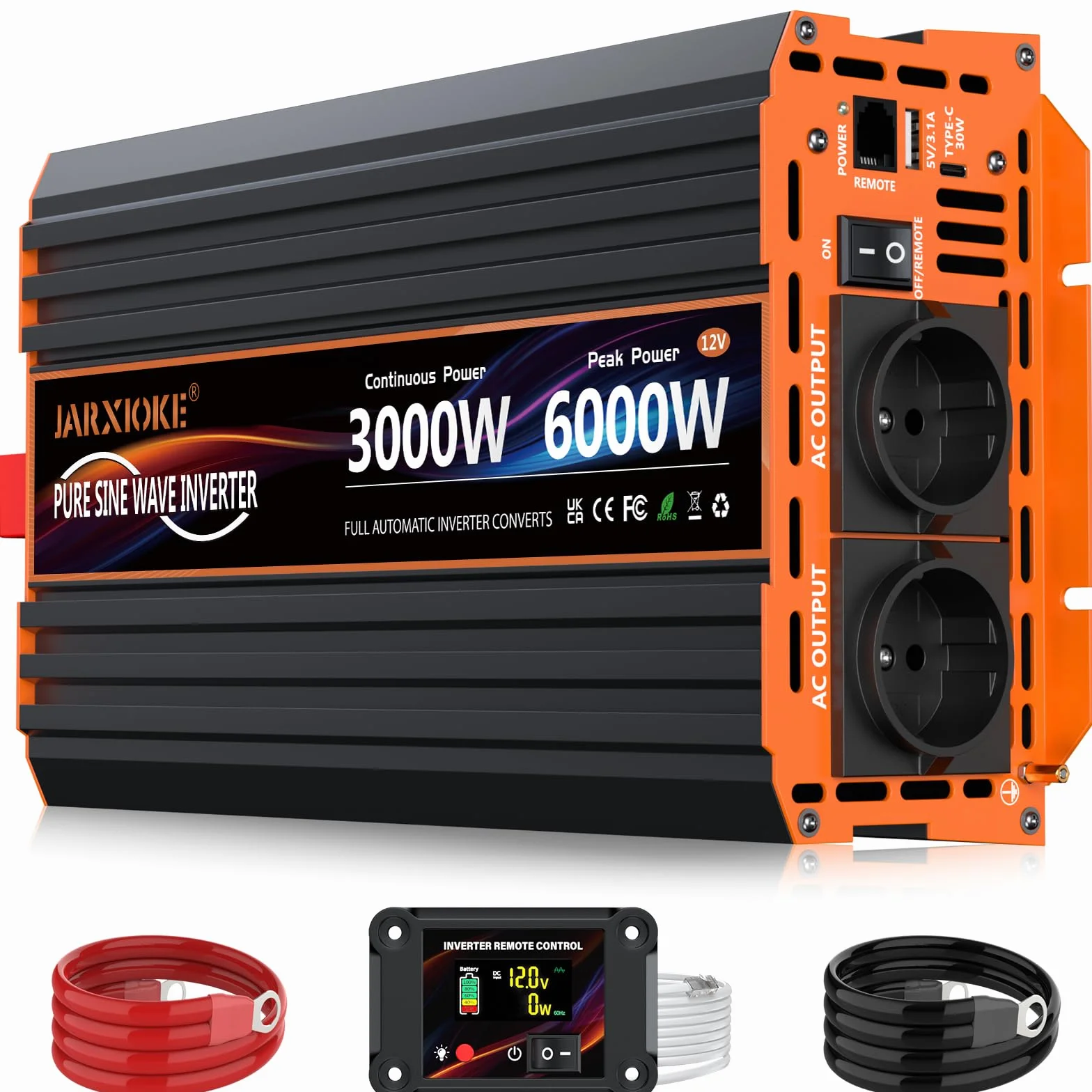 Przetwornica napięciowa 3000 W, 12 V na 230 V, czysty sinusoidalny konwerter z 2 gniazdami UE, 30 W USB-C, 5 V 3,1 A USB, pilot LCD, do przyczep kempingowych, ciężarówek, energii słonecznej, moc