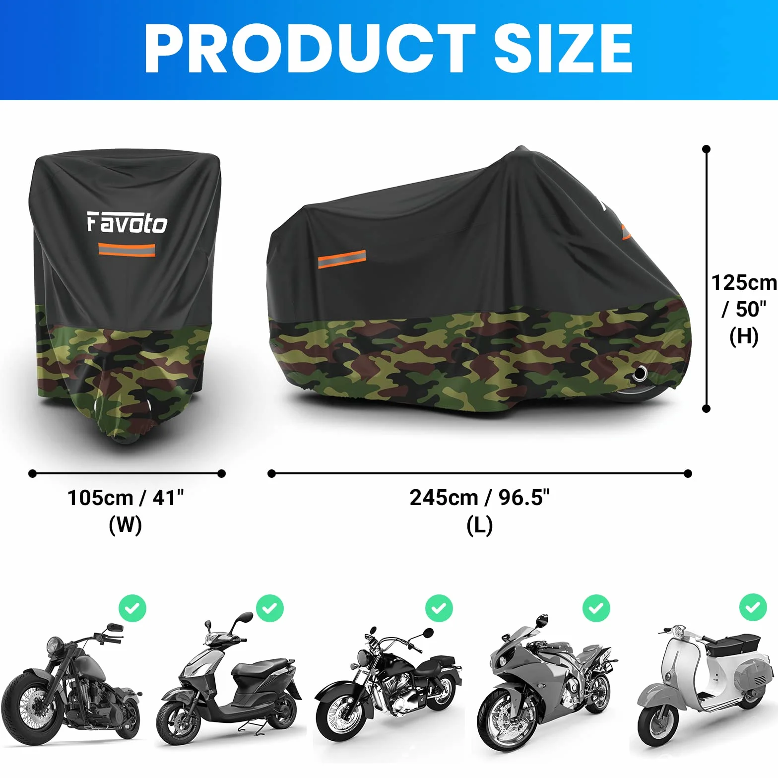 Favoto Ulepszony pokrowiec na motocykl, całoroczny, 210D, wodoszczelny, do użytku na zewnątrz, 245 x 105 x 125 cm
