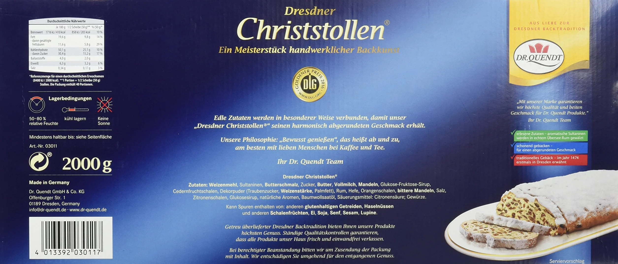 Dr. Quendt Dresdner Christstollen, 1 opakowanie (1 x 2 kg)