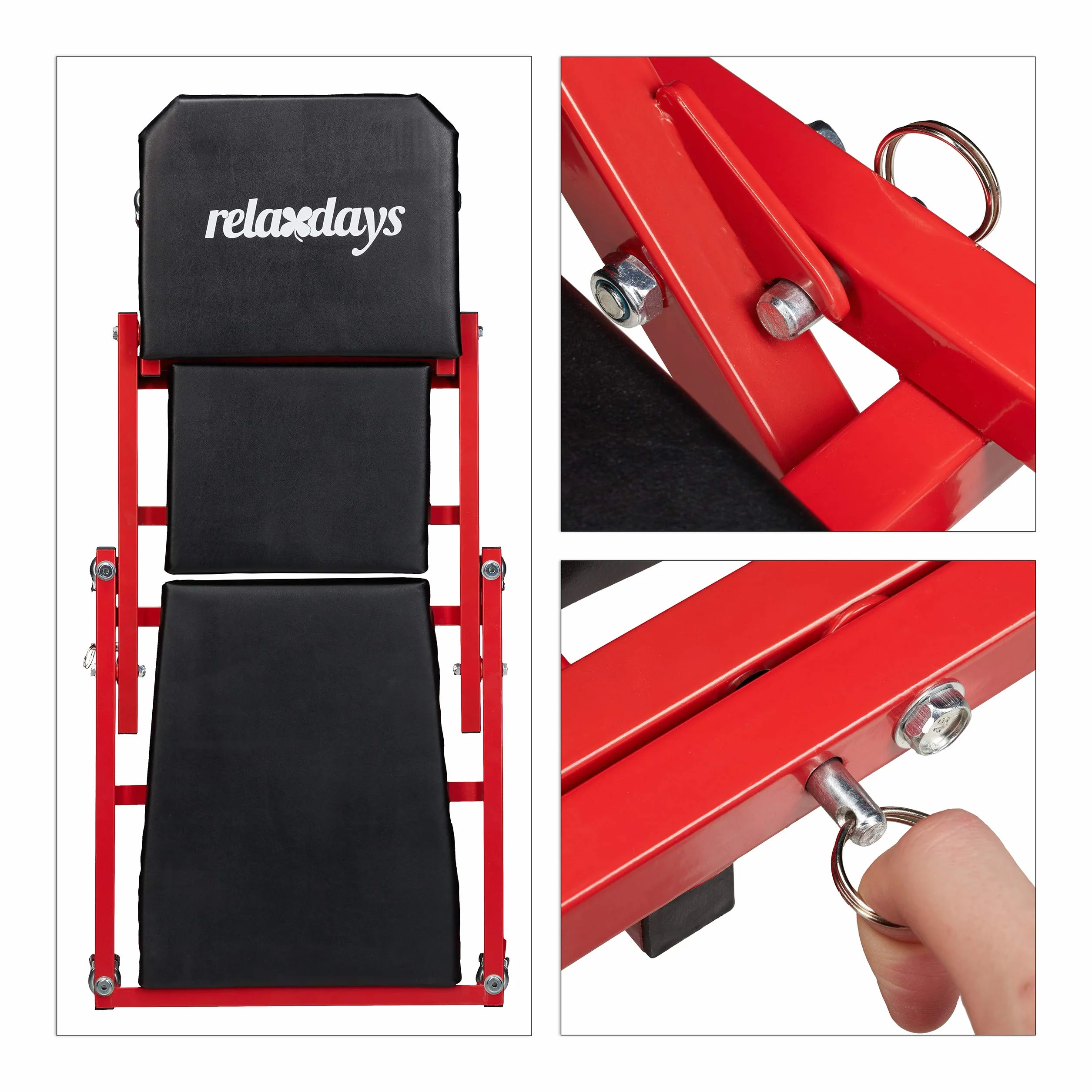 Relaxdays Deska warsztatowa na kółkach, obciążenie do 150 kg, 2 w 1, siedzisko na kółkach i leżanka warsztatowa, składana, obracana o 360°, do samochodu, stali, czarna