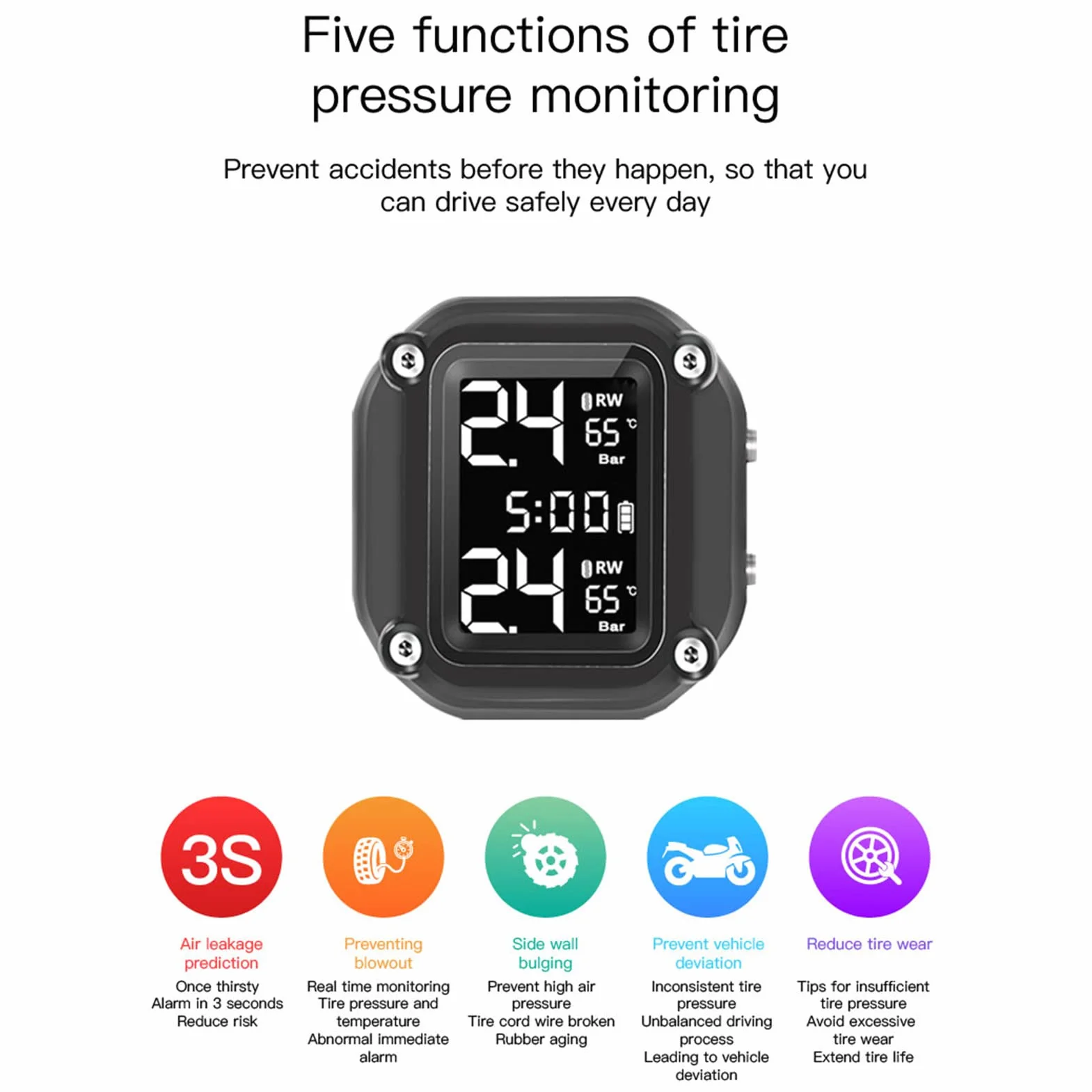 Shkalacar Manometr pneumatyczny TPMS do motocykli, bezprzewodowy miernik ciśnienia ładowania USB z 2 czujnikami zewnętrznymi cyfrowy wyświetlacz LCD do motocykla dwukołowego