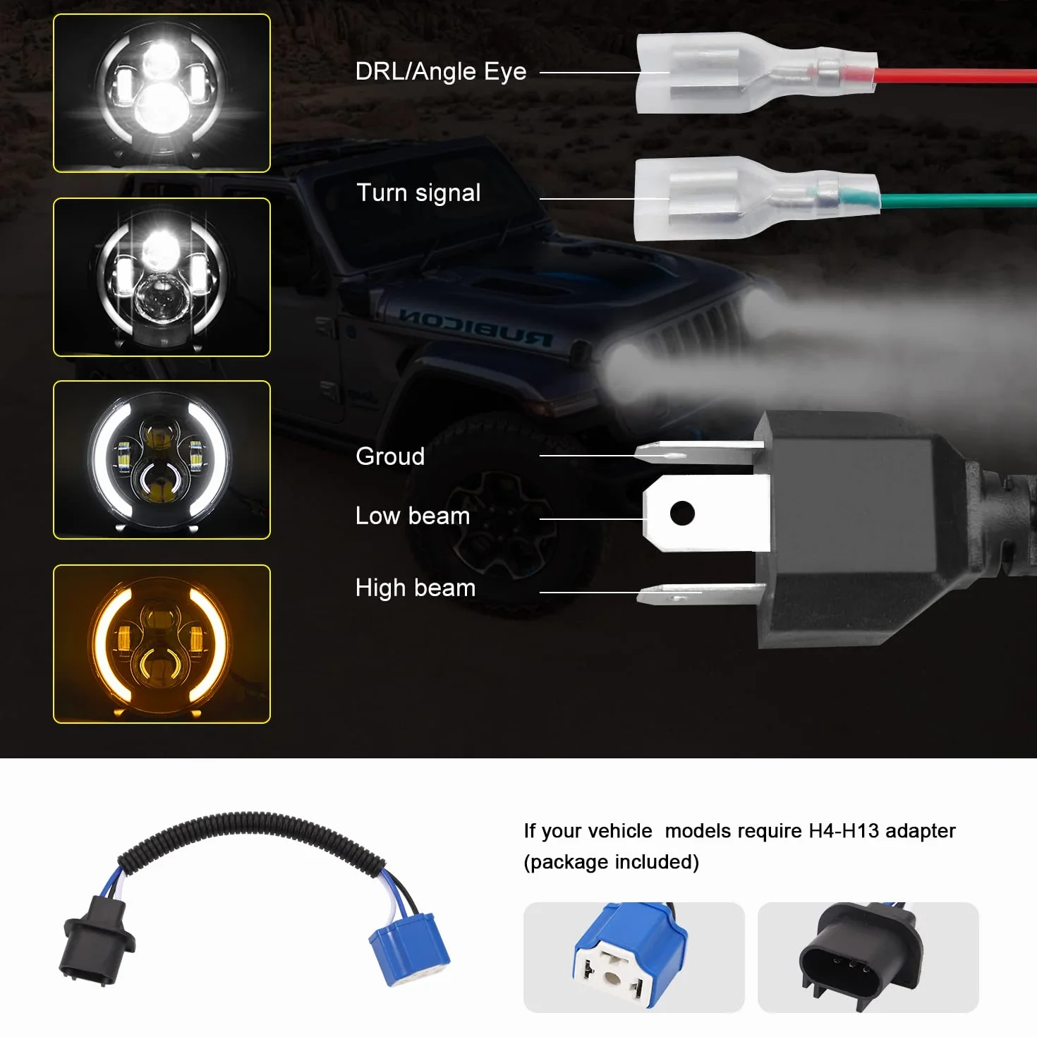 Para reflektorów LED 100W10 000lm, 4 soczewki Angel Eyes 3000K + 6000K 4 tryby oświetlenia okrągłe, tryb offroad ogień krzyż DRL hi-lom