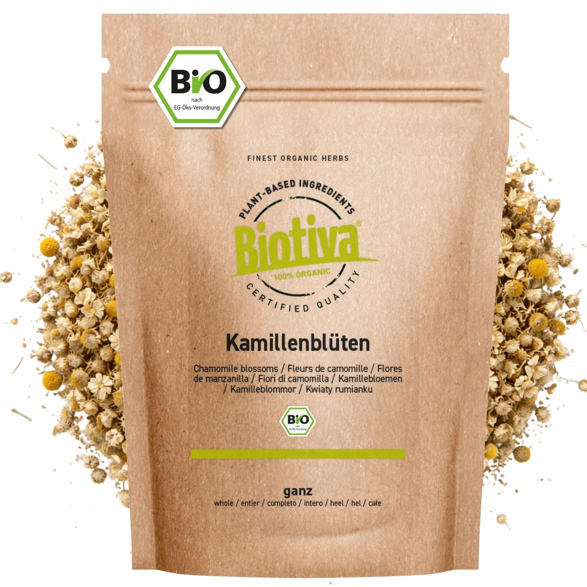 Biotiva Kwiaty Rumianku Herbata Bio 250g - Uprawa UE - Najwyższej jakości ekologiczne kwiaty rumianku - Herbata rumiankowa - Rozlewana i kontrolowana w Niemczech (DE-ÖKO-005)