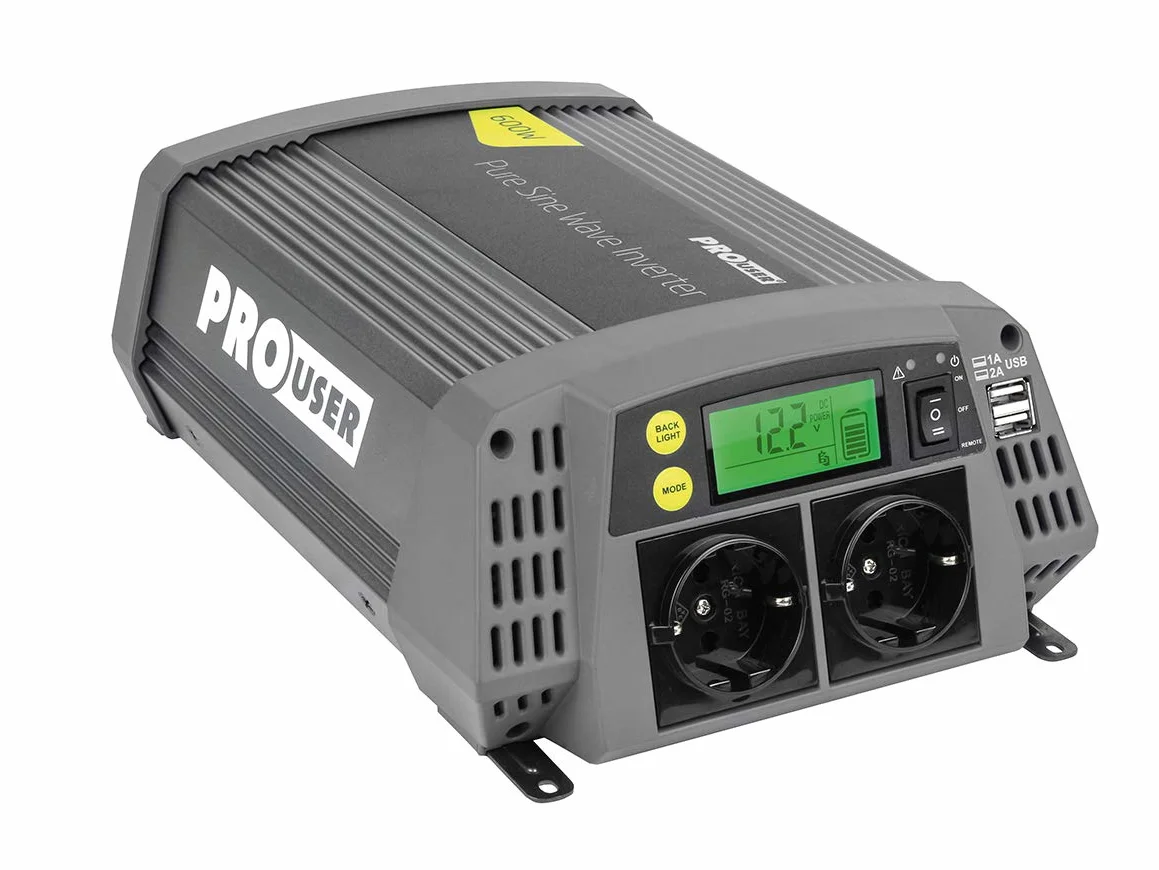 Pro-User PSI600 19127 600 W czysta fala sinusoidalna 12 V na 230 V przetwornica napięcia z pilotem zdalnego sterowania i wyjściem USB