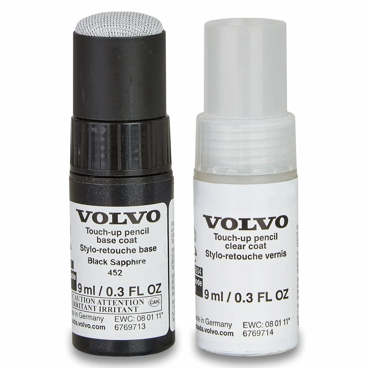 Volvo Oryginalny 452 Black Sapphire Metallic zestaw pisaków lakierowych - 9 ml lakier bazowy, 9 ml lakier bezbarwny - zestaw naprawczy lakier czarny 31266519