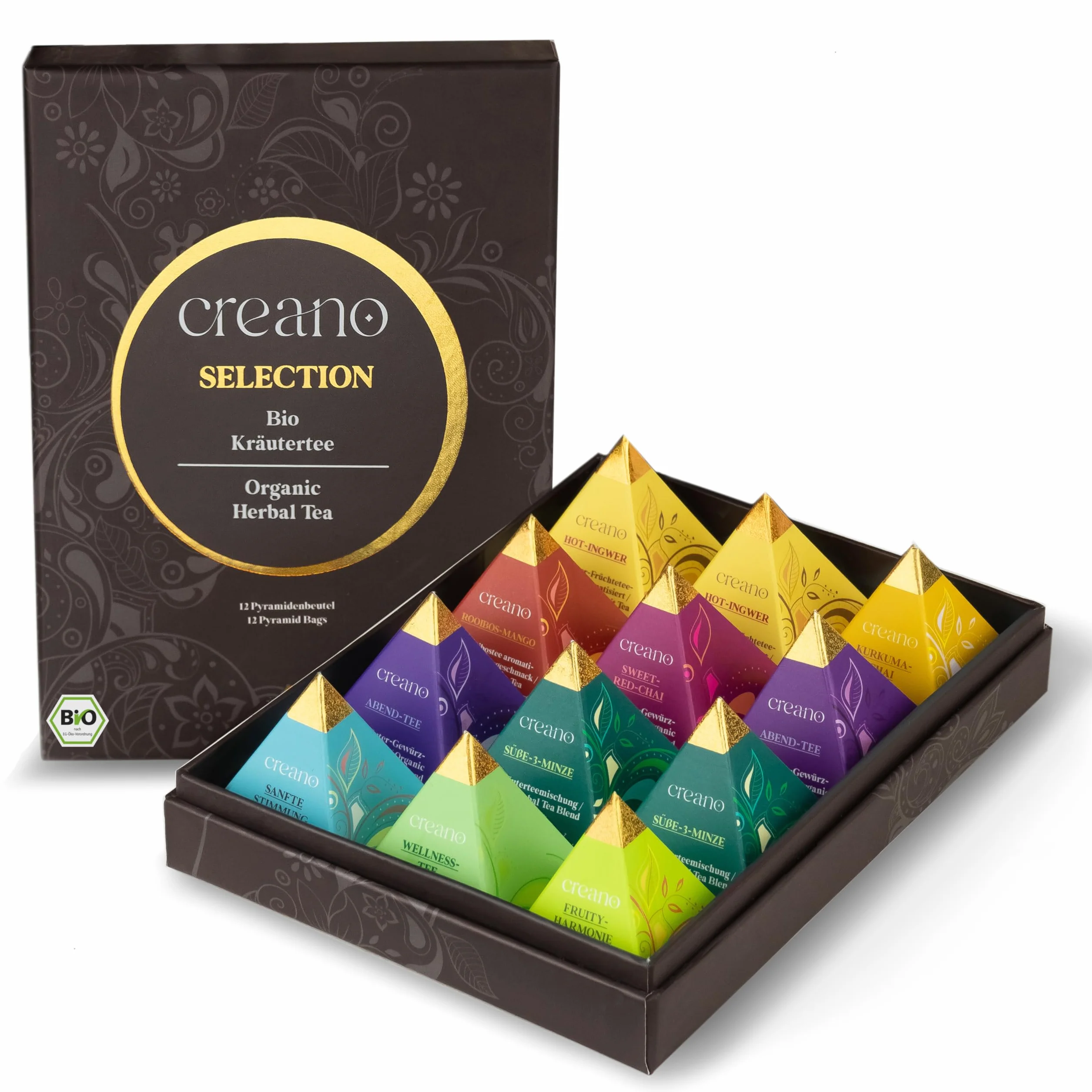 Creano Zestaw upominkowy Bio Premium Pyramide Herbata Herbata Herbata Zielona Herbata z 14 Piramidalnymi saszetkami w 9 różnych odmianach*