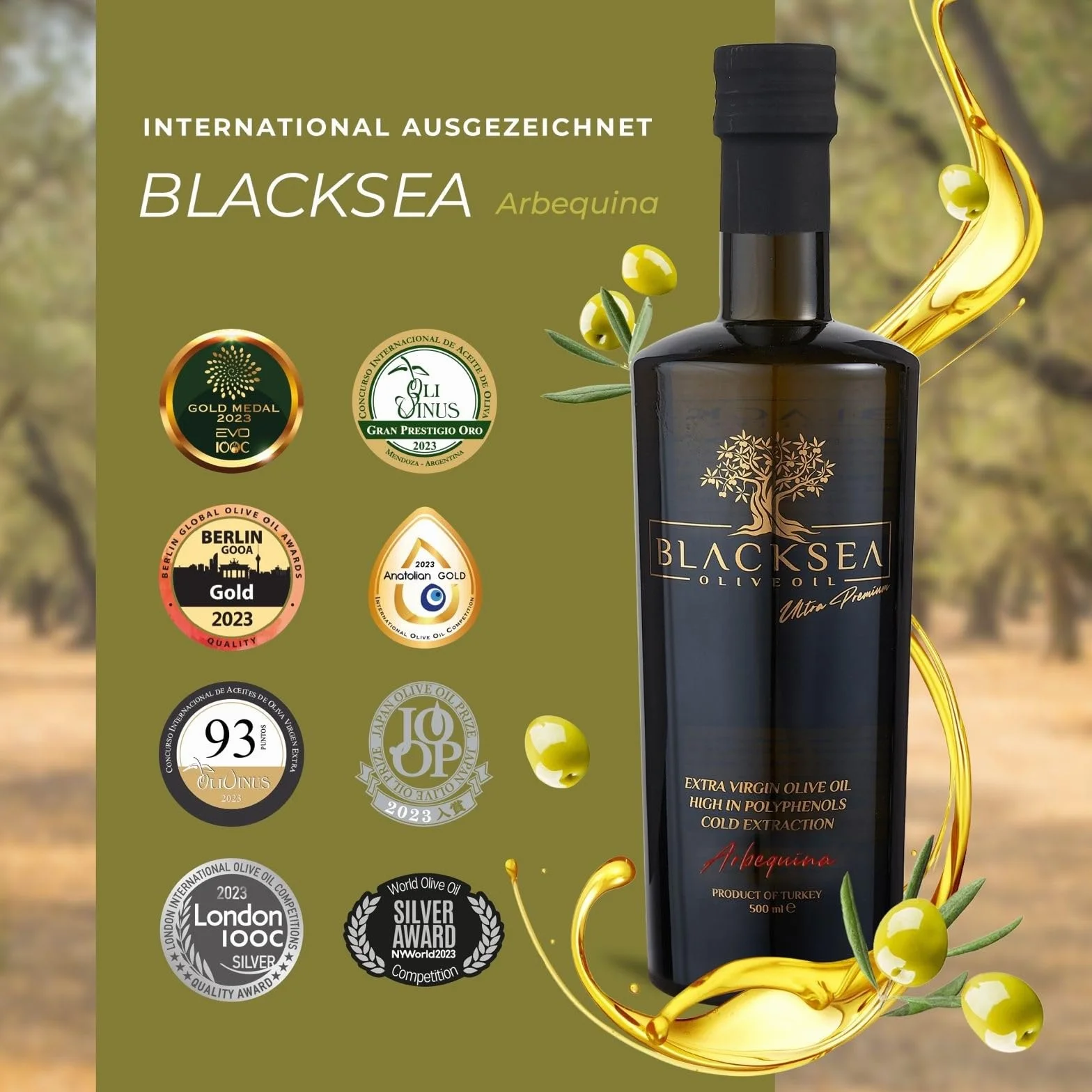 BLACKSEA | Oliwa z oliwek Extra Virgin | Ultra Premium | 500 ml | Filtrowane | Nagrody Międzynarodowe 2023 | (100% oliwek Arbequina) | Nowe zbiory 2023/2024