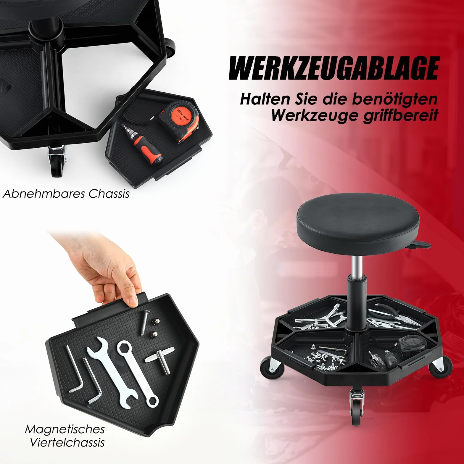 COSTWAY Taboret warsztatowy, fotel warsztatowy, siedzisko na kółkach, obciążenie 150 kg, regulacja wysokości 41-55 cm, siedzisko warsztatowe z półką i 4 kółkami, taboret roboczy na narzędzia