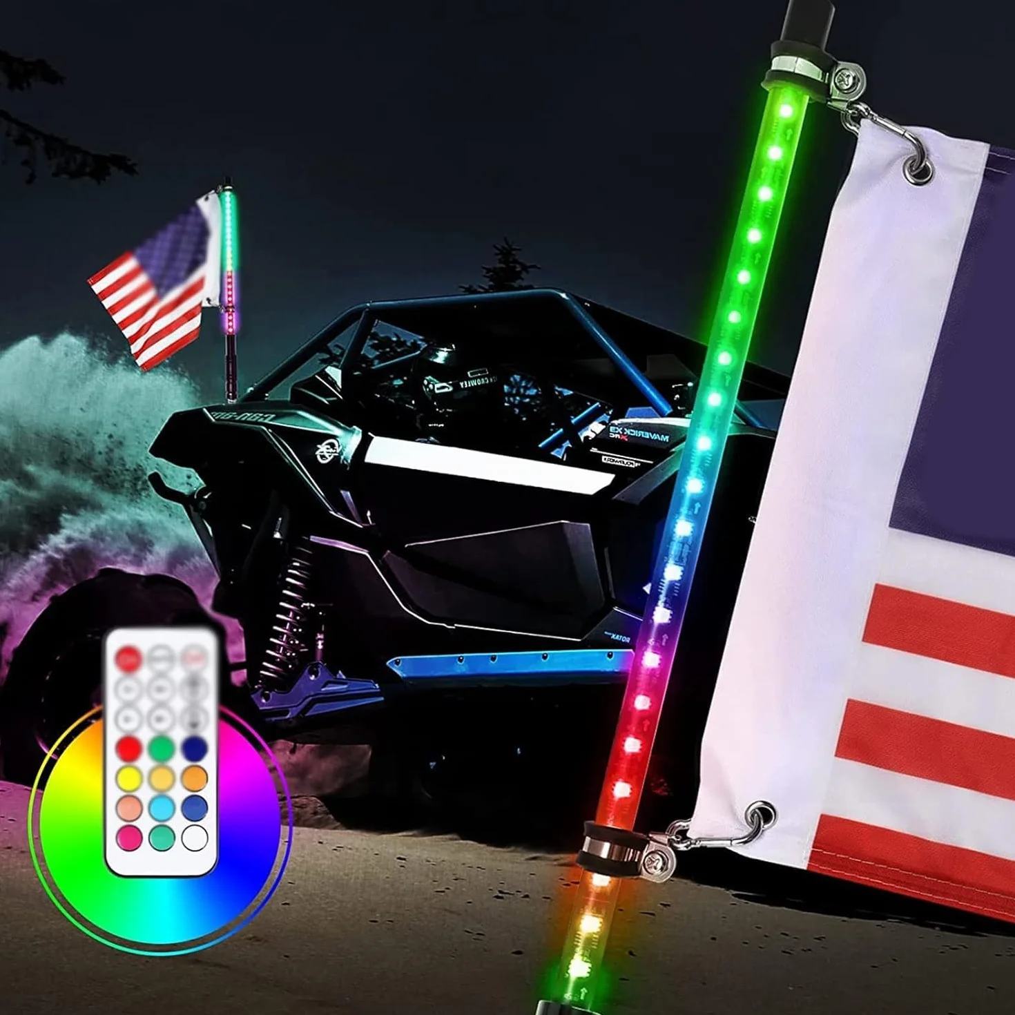 LXW spiralne światła biczowe LED 2 szt. Światła biczowe LED 3FT/4FT, bicze podświetlane w kolorze RGB, odporne na warunki atmosferyczne, bicz terenowy RF bezprzewodowy pilot Ciężarówka terenowa Sand B