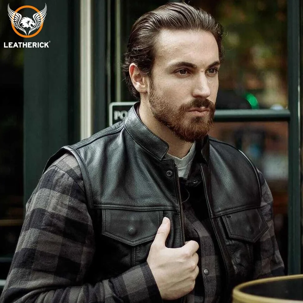 Leatherick Męska kamizelka motocyklowa Anarchy Premium ze skóry bydlęcej, czarna, M - EUR48