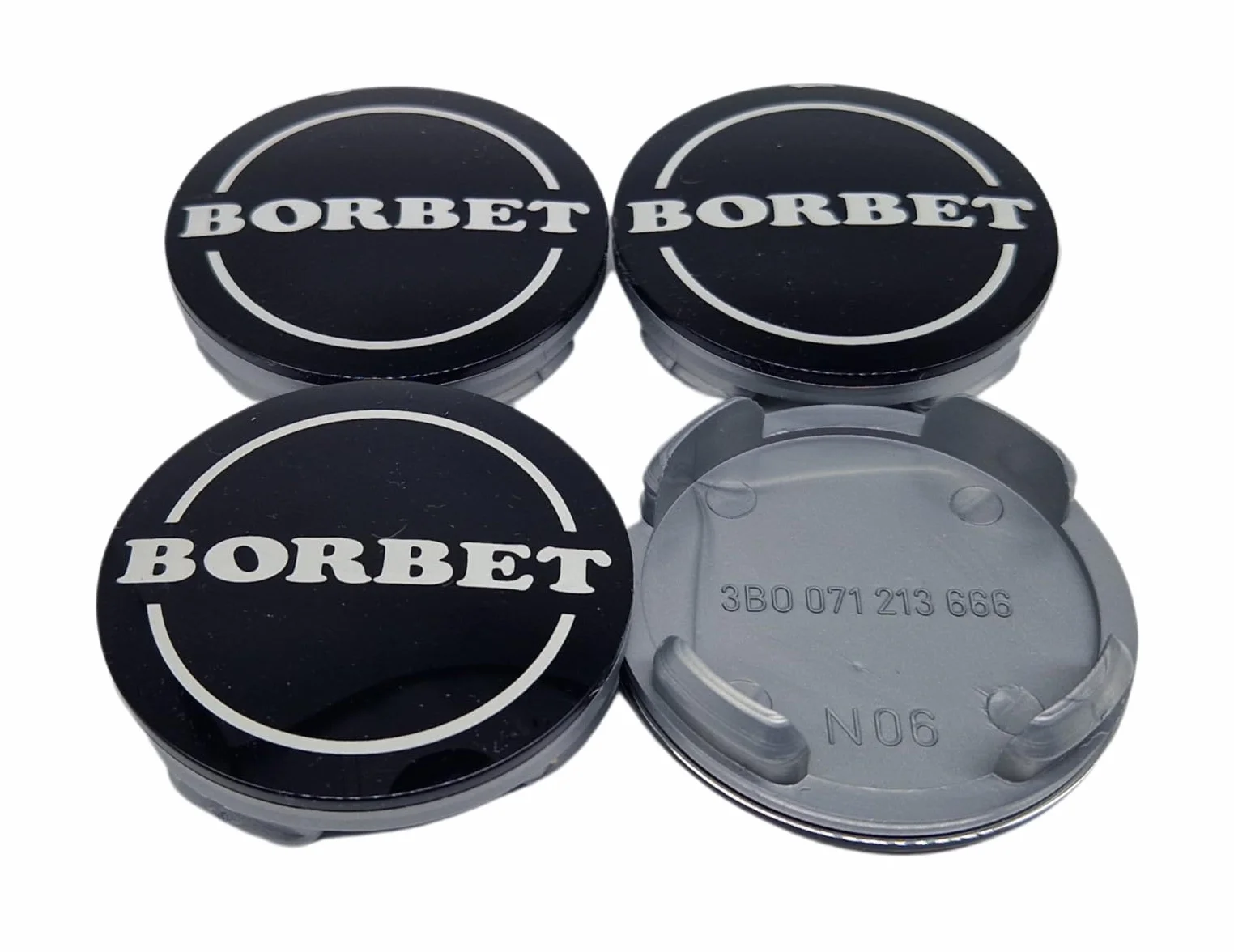 4 x oryginalne dekielki Borbet do felg, czarna, błyszcząca, srebrna, 60 mm, N06, do CWD CWG 3B0071213666