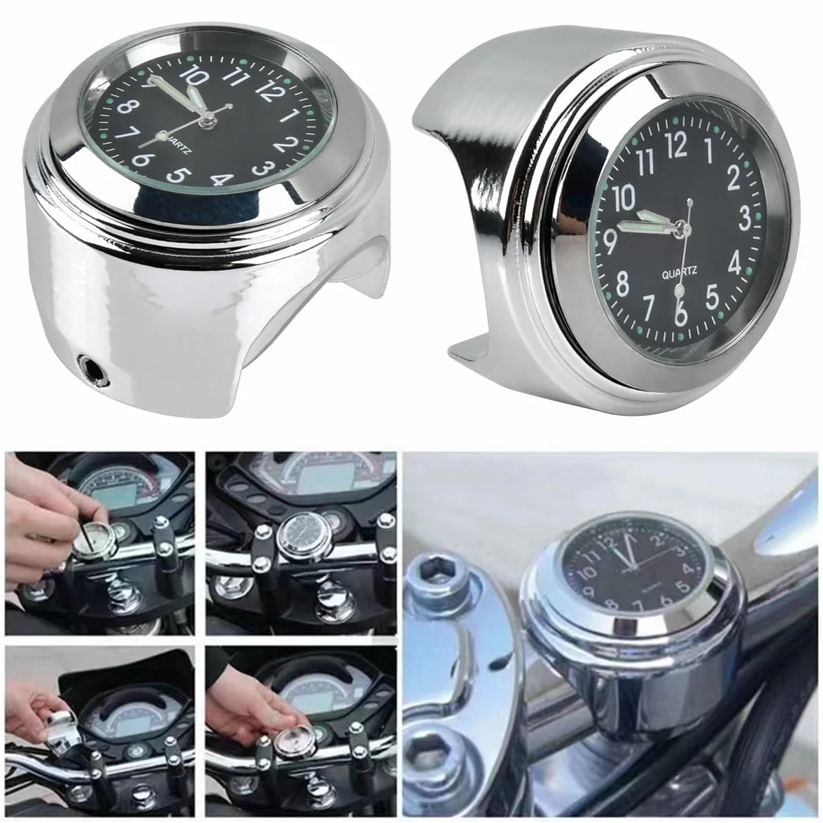OTYMIOW Zegar na kierownicę motocykla, uchwyt na kierownicę motocykla, zestaw zegarów, wodoodporny, stop aluminium, uchwyt ręczny, pasek, zegarek, akcesoria do uniwersalnych motocykli