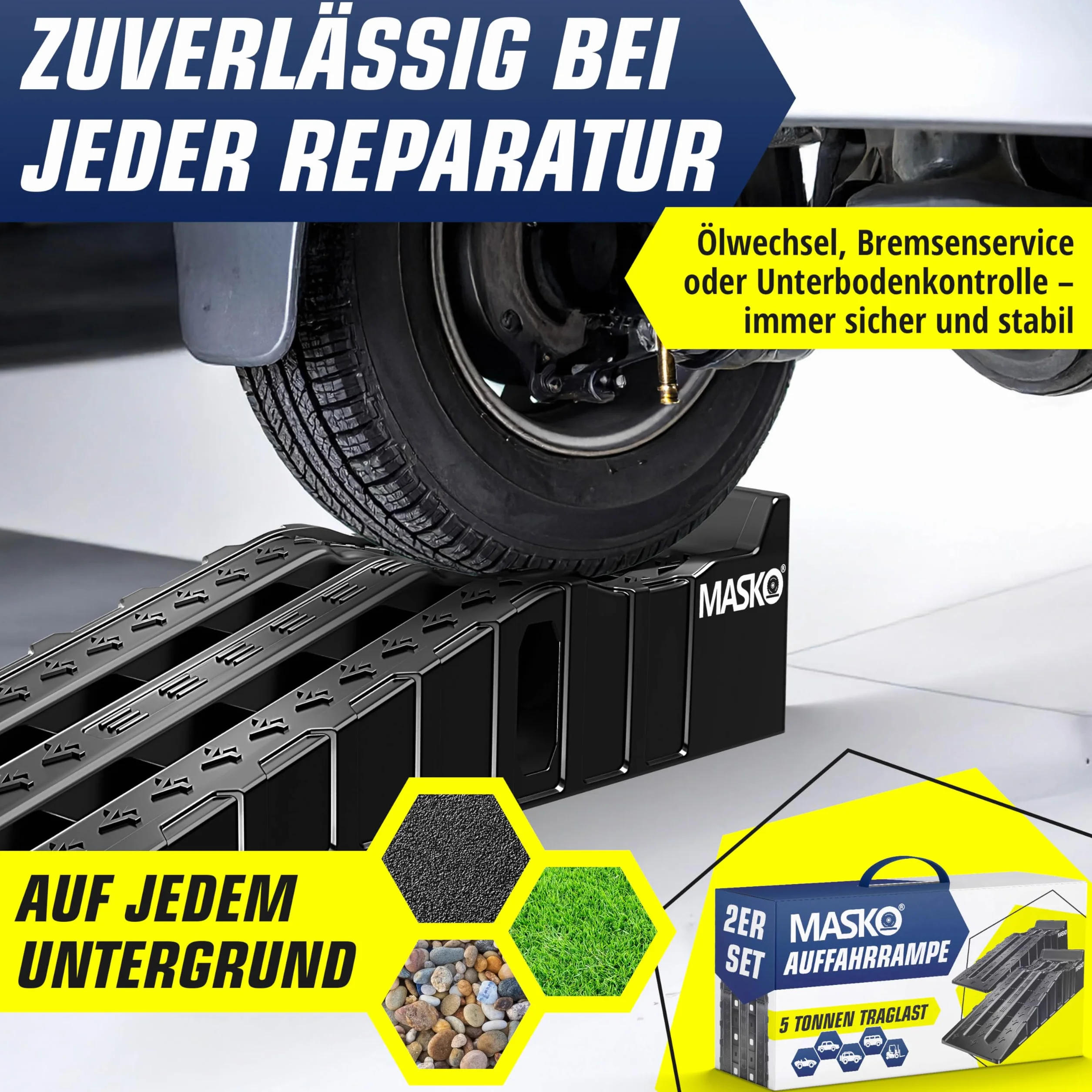 MASKO® Zestaw 2 ramp najazdowych do 7 ton nośności, rampa samochodowa z zabezpieczeniem przed wyciągnięciem, antypoślizgowa, stabilna, bardzo szeroka rampa