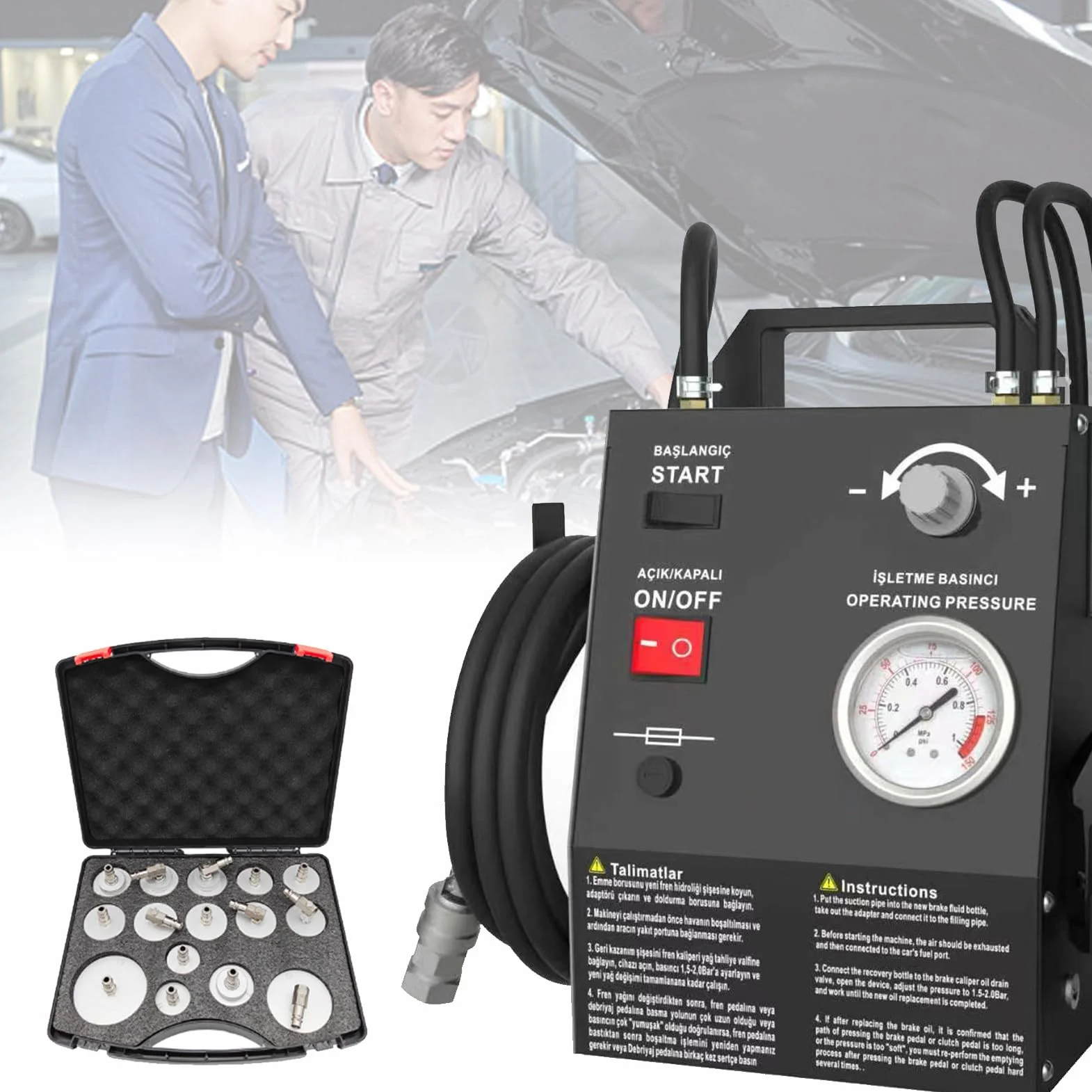Elektryczne urządzenie do odpowietrzania hamulców, automatyczne urządzenie do odpowietrzania hamulców, z 16 adapterami do cylindra głównego, do konserwacji hamulców samochodowych. PackageB-Black