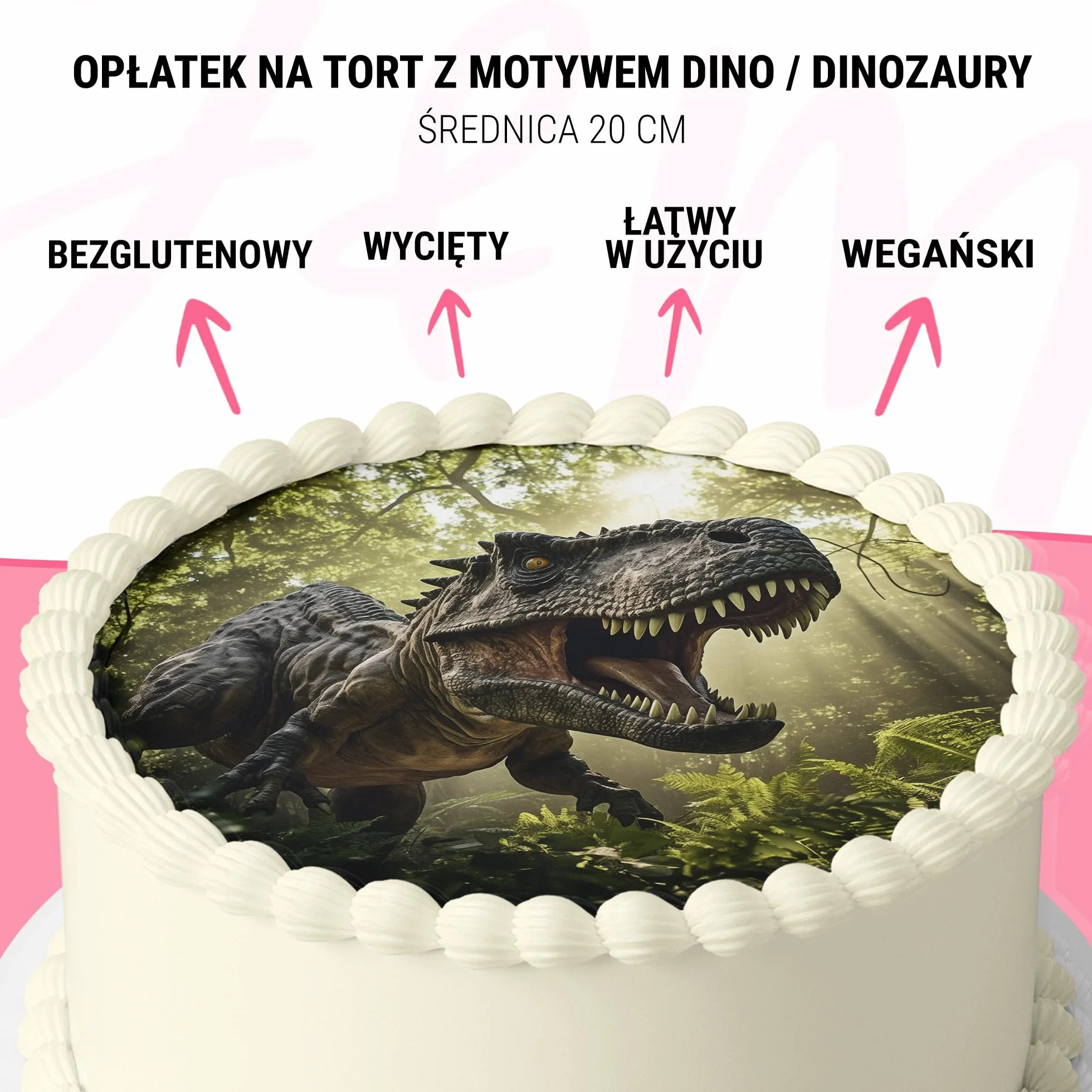 J&M DECO Opłatek na tort Dinozaury Ø20 cm – jadalna dekoracja urodzinowa bezglutenowa wegańska