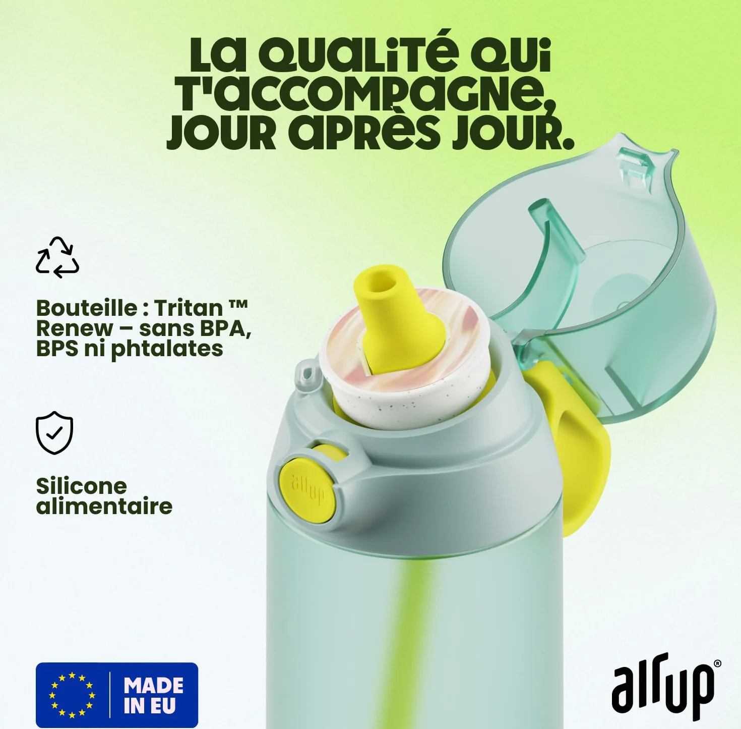 AIR UP® butelka na wodę Click Turtle Zielony zestaw startowy z wkładami w 5 smakach | 600ml butelka na napoje z bezcukrowym smakiem | odporna na zmywarkę, bez BPA