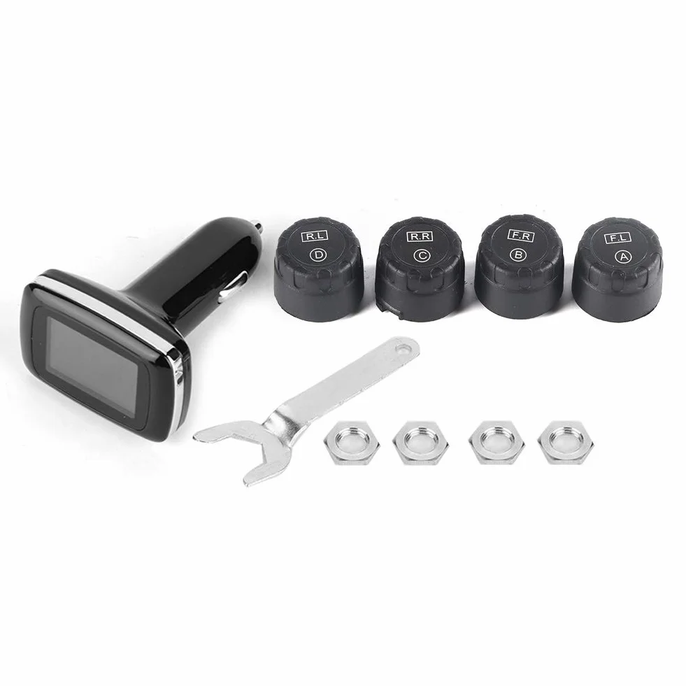 Terisass TPMS DC 12V samochód 433,92 MHz System monitorowania ciśnienia w oponach Wyświetlacz zapalniczki z 4 szt.Zestaw uniwersalnych czujników zewnętrznych C-100