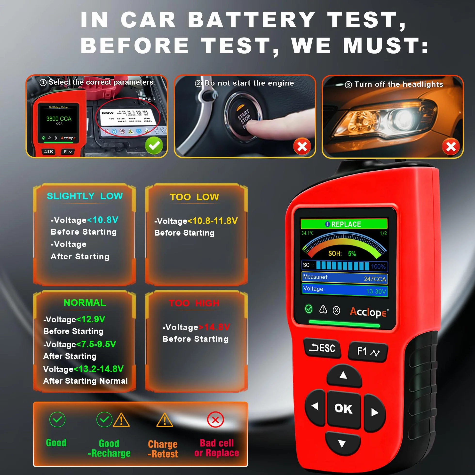 BT90 PRO tester baterii, 6 V/12 V/24 V, do AGM/EFB/GEL/LiFePO4, 2-360 Ah, 30-3800 CCA, z nadrukiem w chmurze, test systemu start-stop, czarny, SAE/EN/IEC/CA/MCA, SOH/SOC/napięcie/rezystancja
