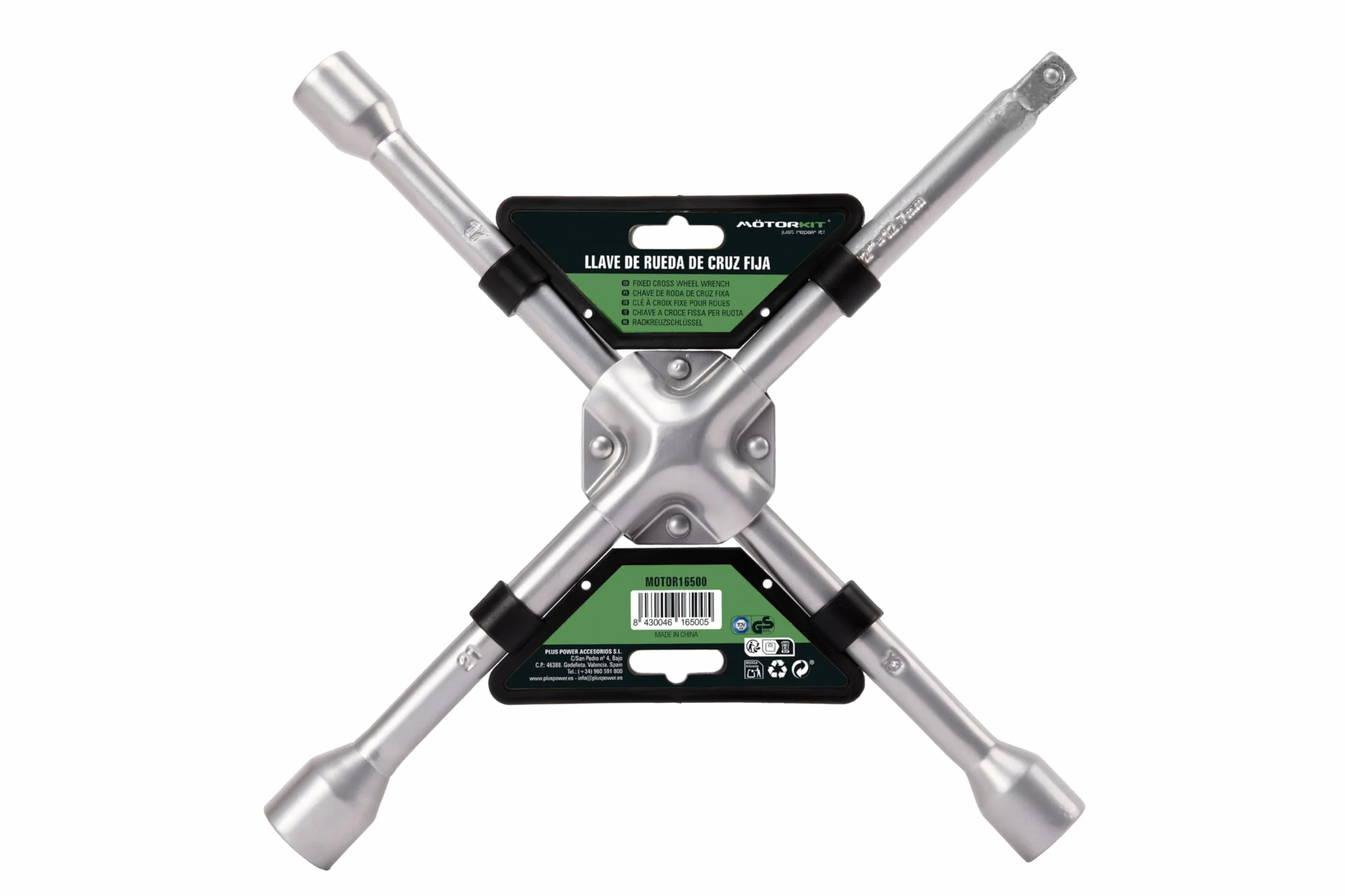 Motorkit Stały klucz krzyżowy do wymiany kół wyprodukowany ze stali węglowej o wysokiej wytrzymałości do nakrętek 17, 19 i 21 mm. Z otworem na adapter nakrętki.