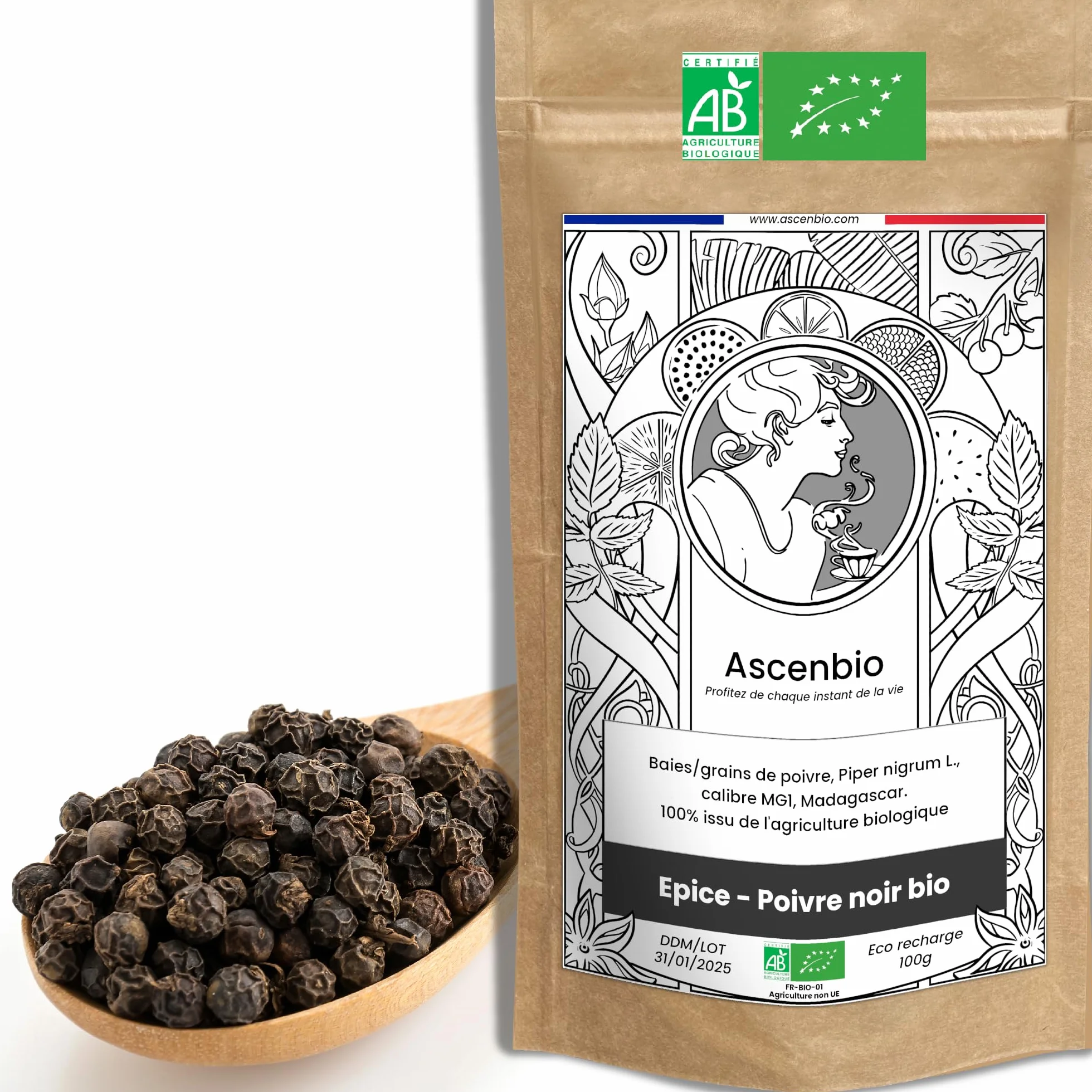 Ascenbio - Przyprawa - organiczny czarny pieprz - 100 g - przygotowany i zapakowany we Francji - opakowanie biodegradowalne