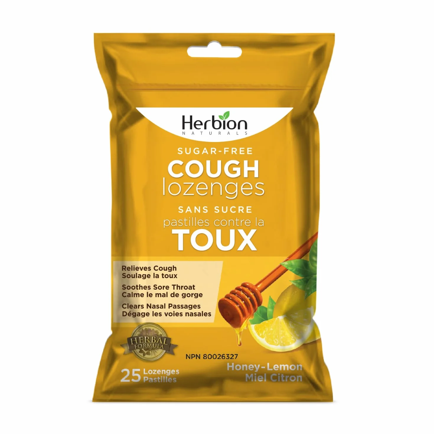 Herbion Naturals Krople na kaszel bez cukru o naturalnym smaku miodowo-cytryny, 25 sztuk, szybka pomoc w przypadku kaszlu, bólu gardła i zaparcia nosa, dla dorosłych i dzieci od 12 lat