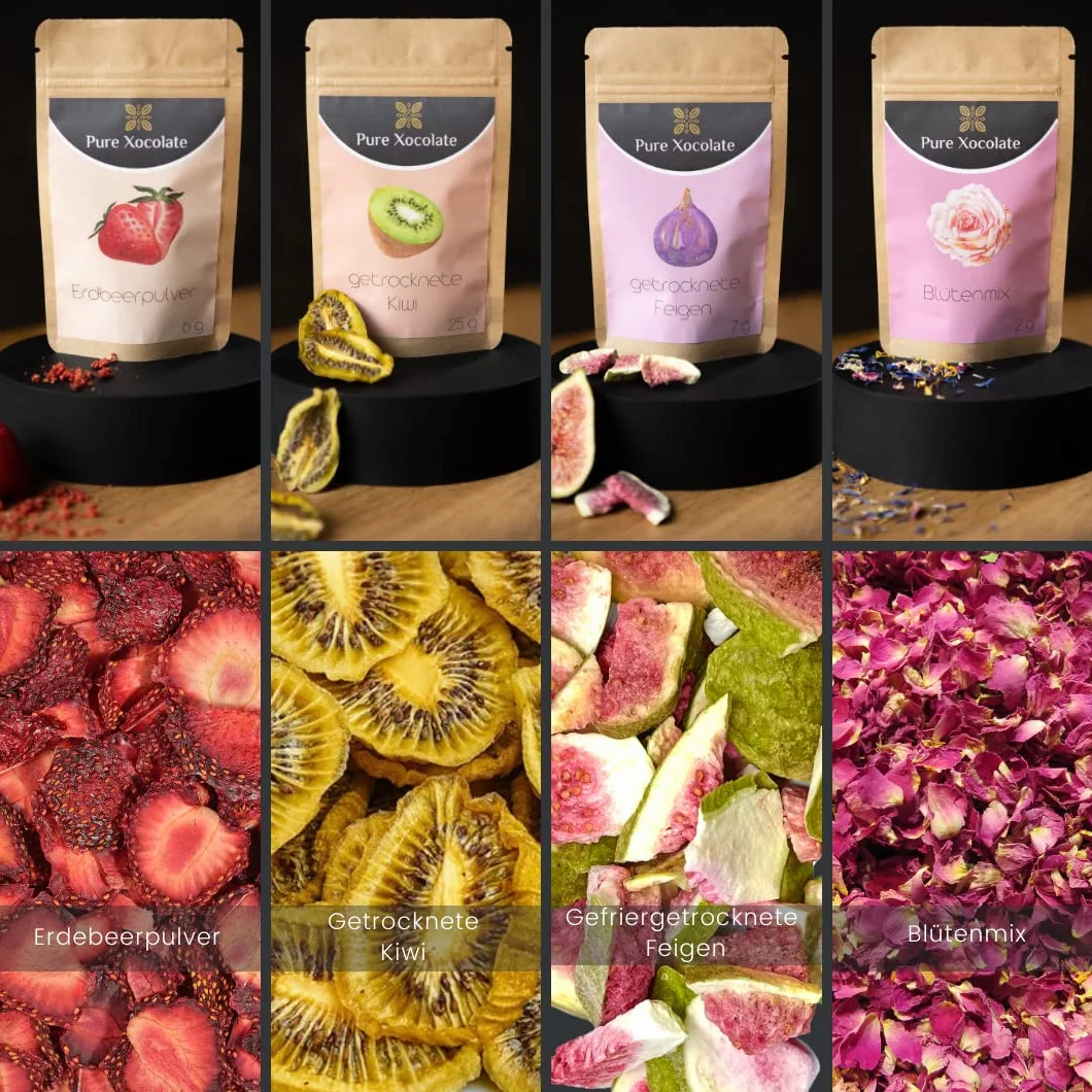 Pure Xocolate Dekoracyjne toppingi – zestaw 12 sztuk, niesłodzone dekoracje do ciast, babeczek, smoothie, czekolady, owsianki, suszone owoce bez dodatków, prezent dla piekarzy hobbystów