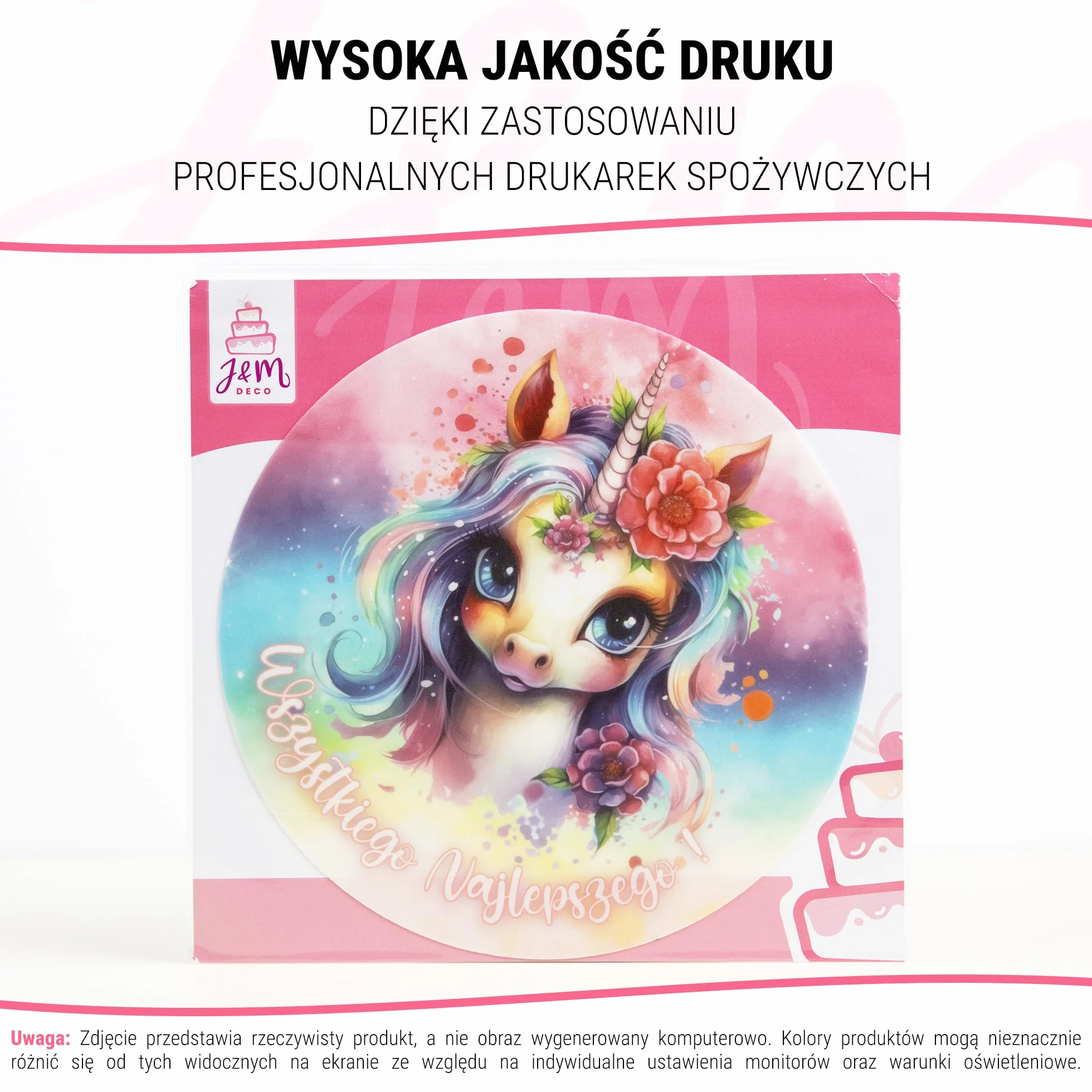 J&M DECO Opłatek na tort Jednorożec Ø20 cm – jadalna dekoracja urodzinowa dla dzieci – topper tortowy z motywem jednorożca – bezglutenowy i wegański