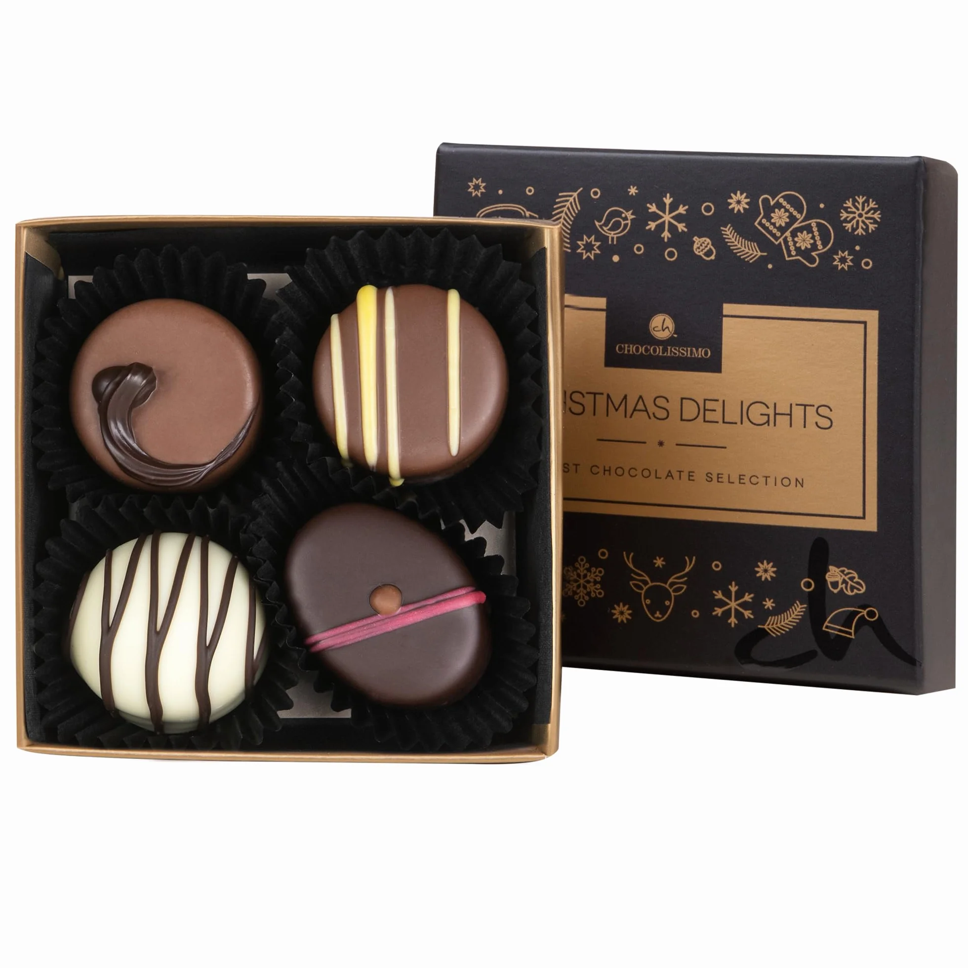 Pralinki Christmas Delights 4 x - | czekolada | Boże Narodzenie | przyjęcie | prezent | dla mężczyzn | dla kobiet | do domu | ozdoba | dekoracja | słodycze | pyszne | wykwintne | Wigilia | pralinki| pudełko | czekoladki
