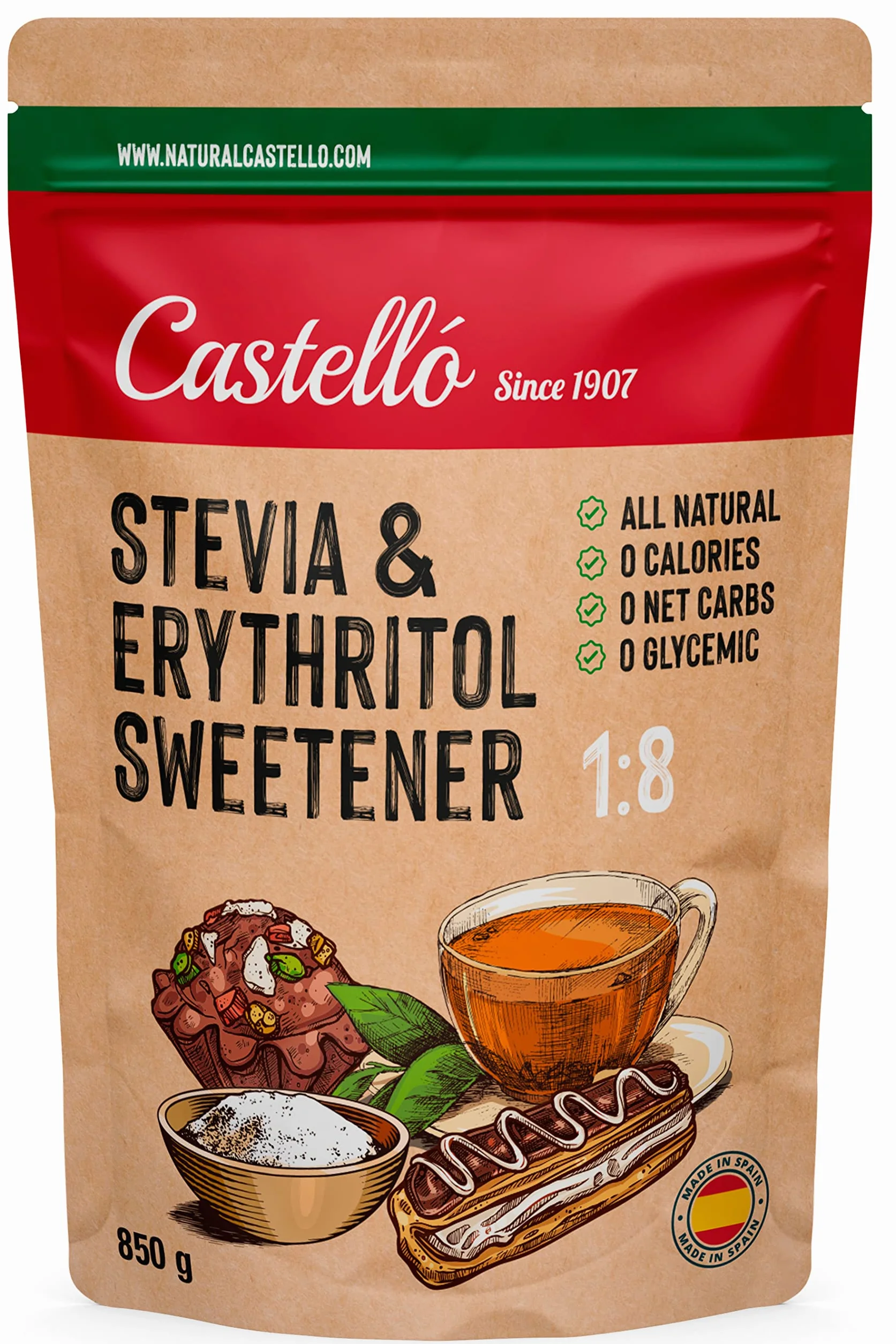 Castello Słodzik Stevia Erytrytol 1:8 850 g 0 Kalorii Keto Paleo Bez GMO