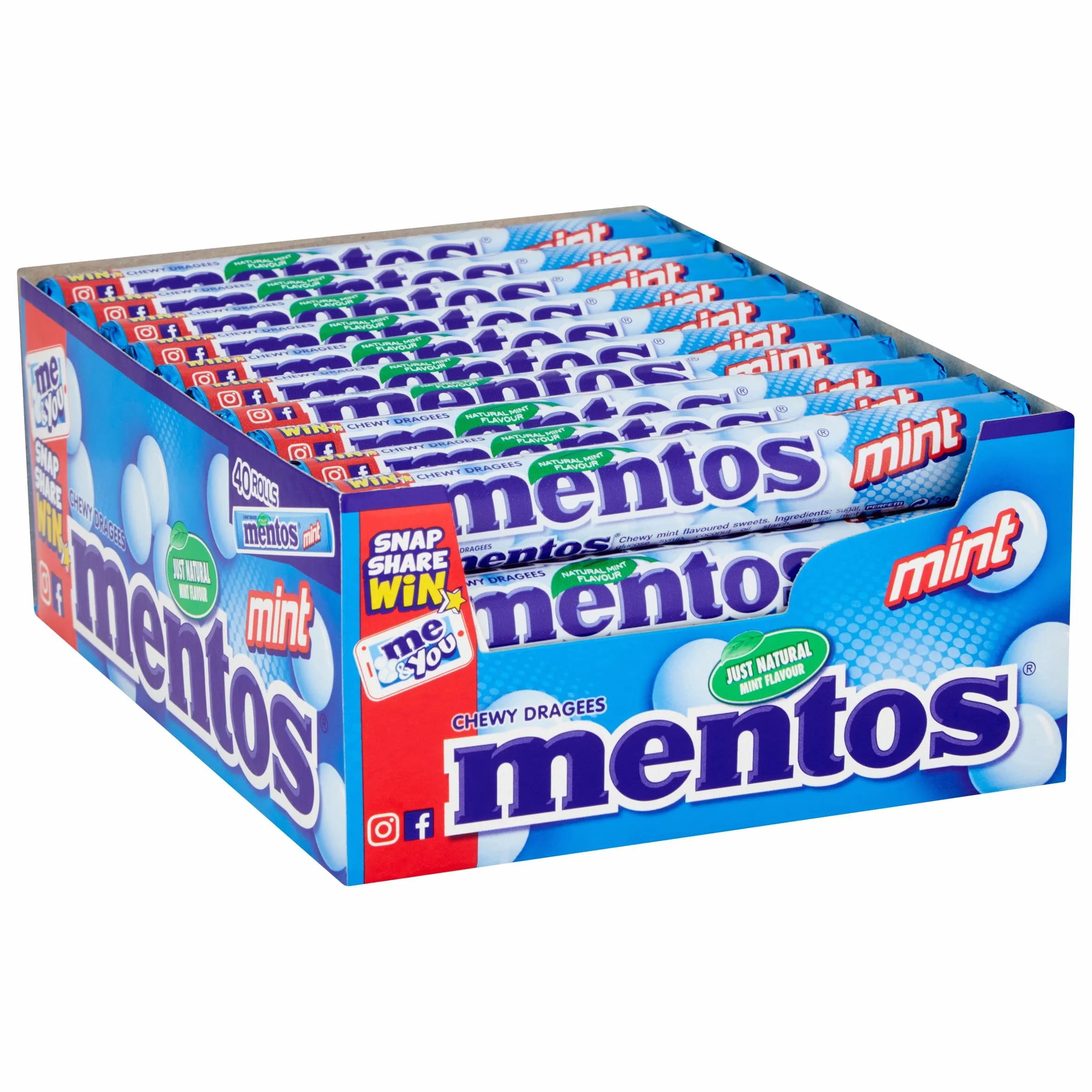 Mentos Miętowe cukierki do żucia, drażetki o smaku mięty pieprzowej dla świeżego oddechu, opakowanie zbiorcze, opakowanie na cukierki, wyświetlacz sprzedaży (40 rolek), wegańskie