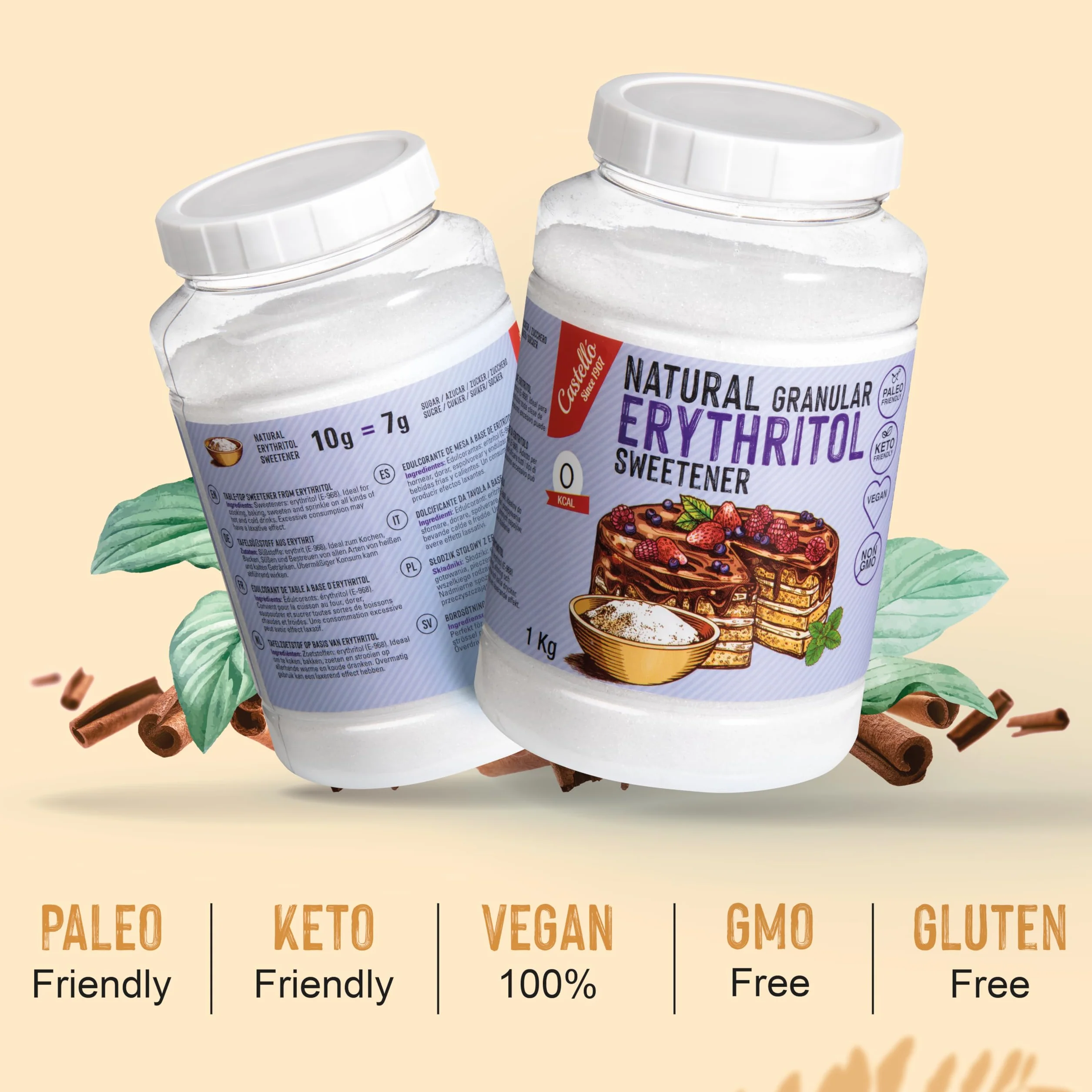 Castello Słodzik z Erytrytol Granulowany 1 kg 0 Kalorii Bez GMO Keto Paleo
