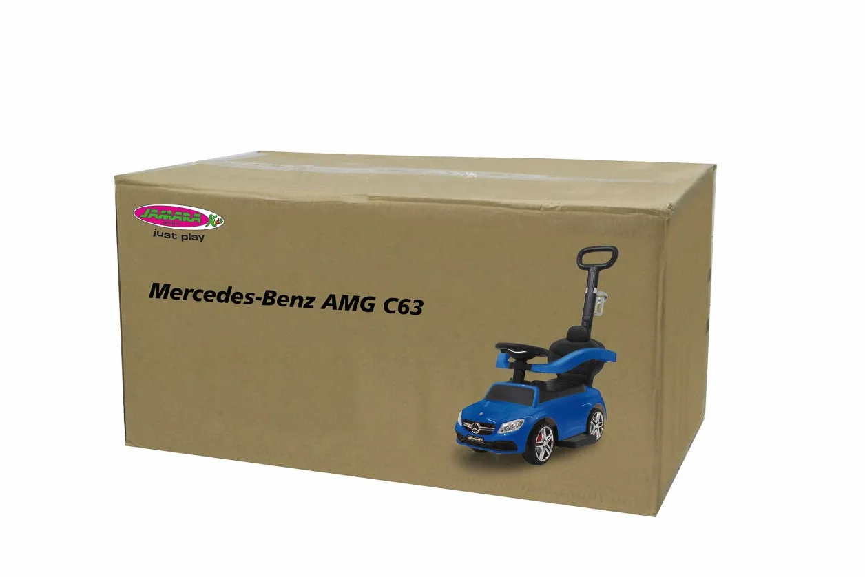 JAMARA 460447 – zjeżdżalnia Mercedes-AMG C 63 3 w 1 – ochrona przed przewróceniem, bagażnik, popychacz i drążek z funkcją kierownicy, oparcie, pałąk ochronny, wysuwany podnóżek, dźwięk/klakson na kierownicy, niebieski