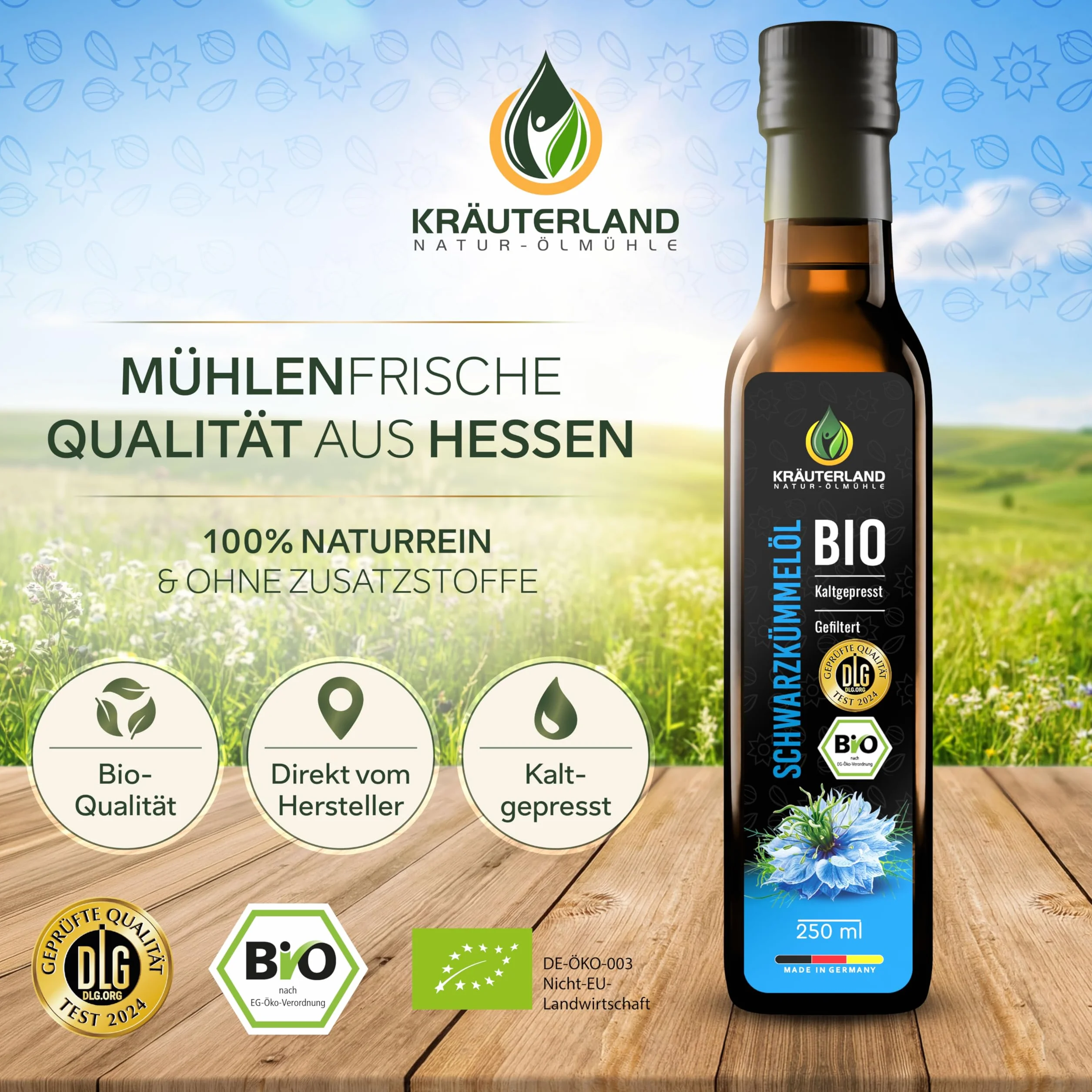 Kräuterland - organiczny olej z czarnuszki, filtrowany 2x250ml - 100% czysty, delikatnie tłoczony na zimno, egipski, wegański - gwarancja świeżości: świeżo mielony codziennie bezpośrednio od producenta