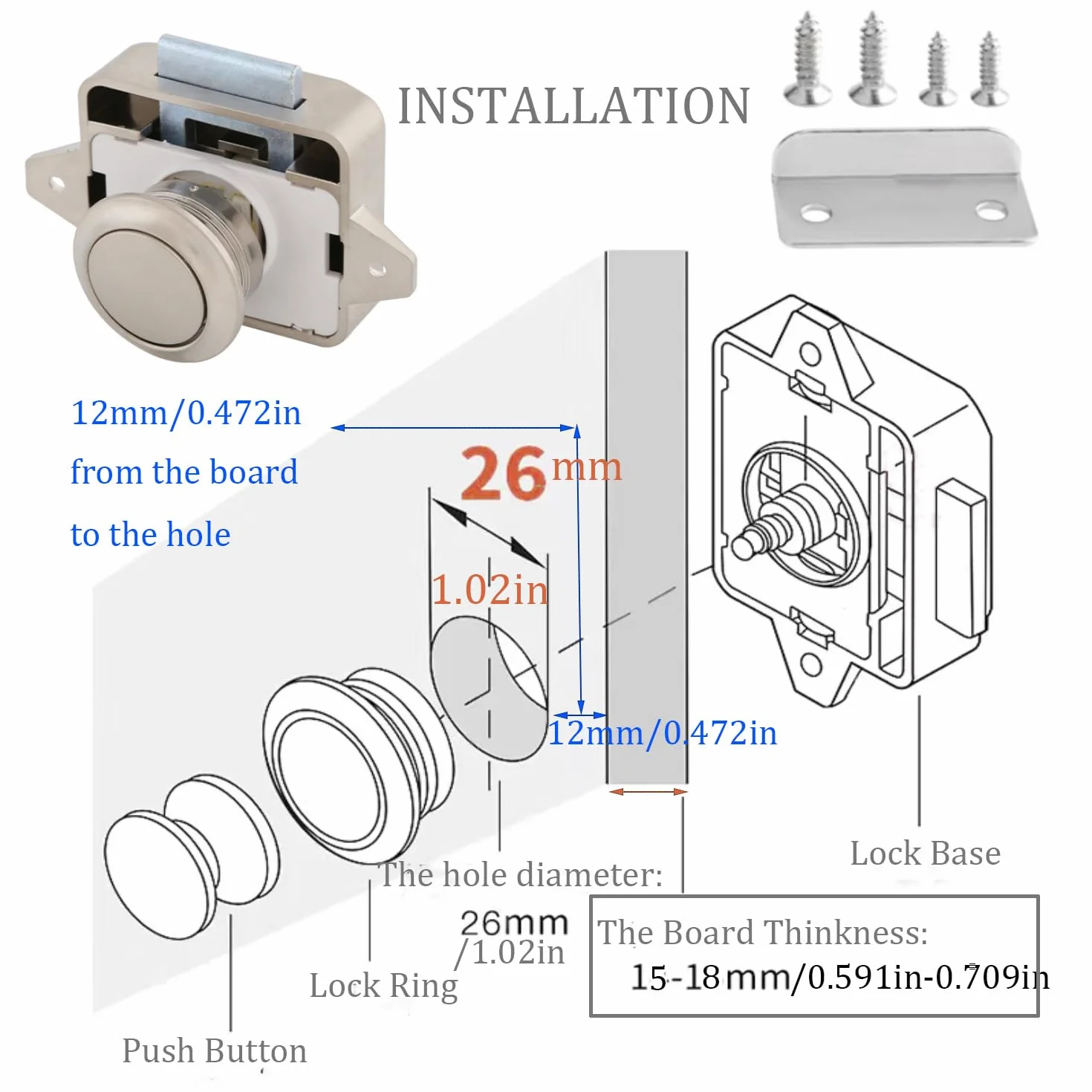 Zamki do szaf bez klucza z dużym przyciskiem, ABS RV Cabinet Catch, do kamperów, przyczep kempingowych, jachtów, łodzi (nikiel perłowy, 10 sztuk)