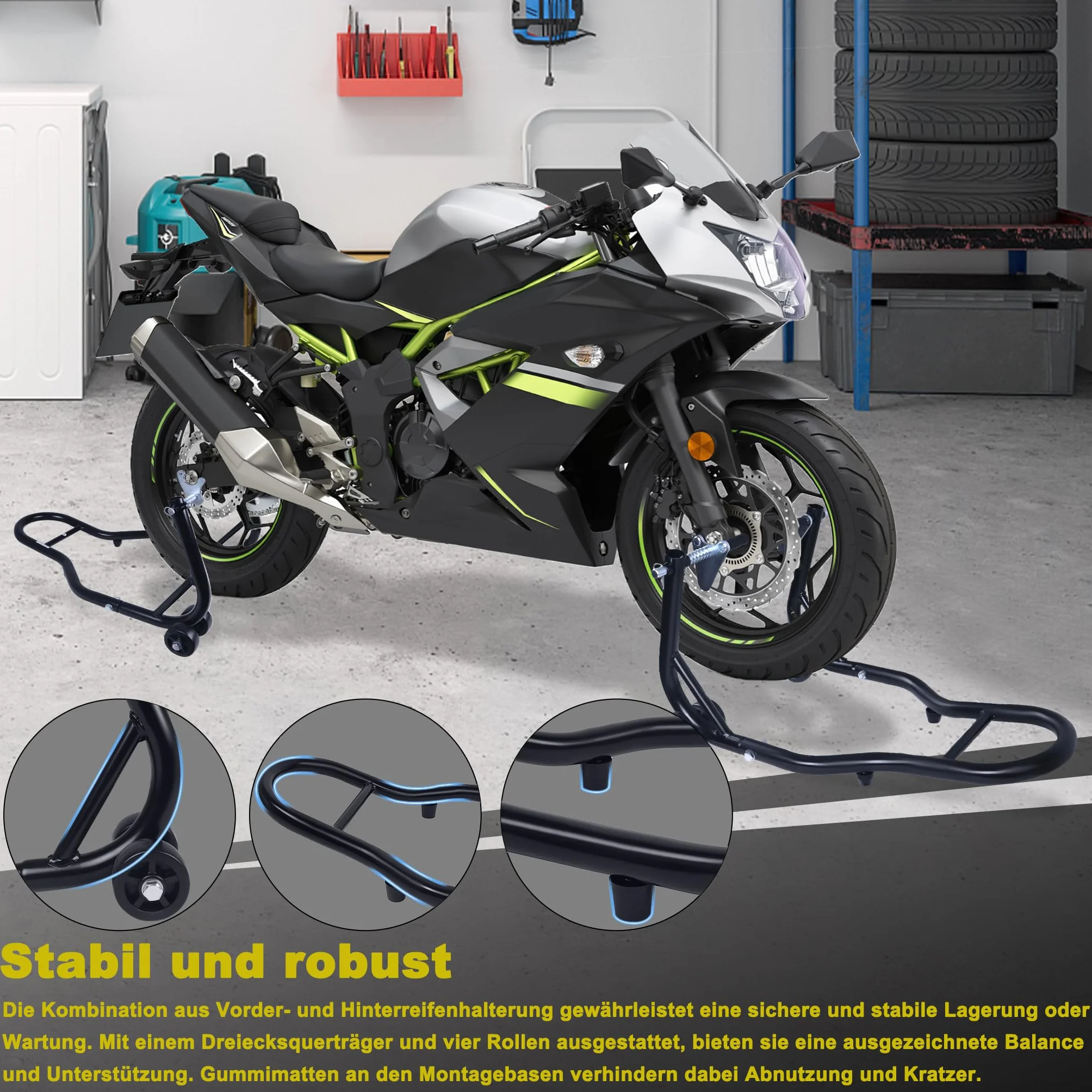 XMTECH 2 sztuki stojaków na motocykl z tyłu i z przodu, stojak do montażu motocykla, stojak na motocykl, zestaw z kółkami, czarny
