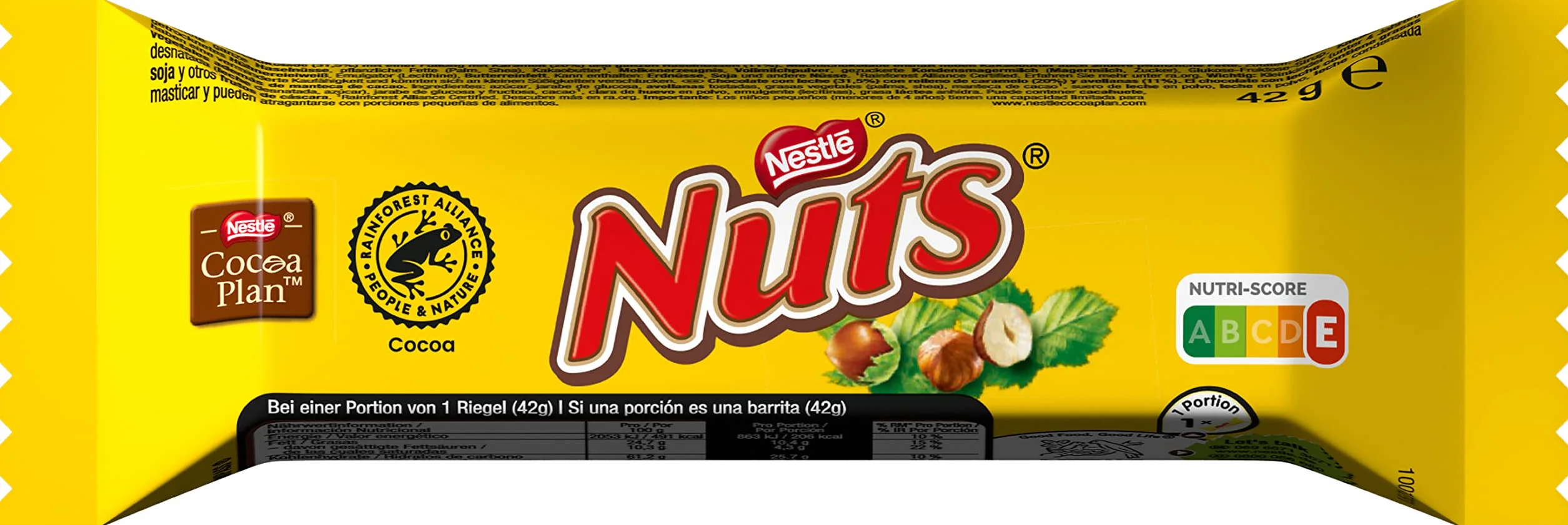 Nestle Nuts Batonik czekoladowy, klasyk z całymi orzechami laskowymi i karmelem, otoczony mleczną czekoladą, 24 sztuki w zestawie (24 x 42 g)