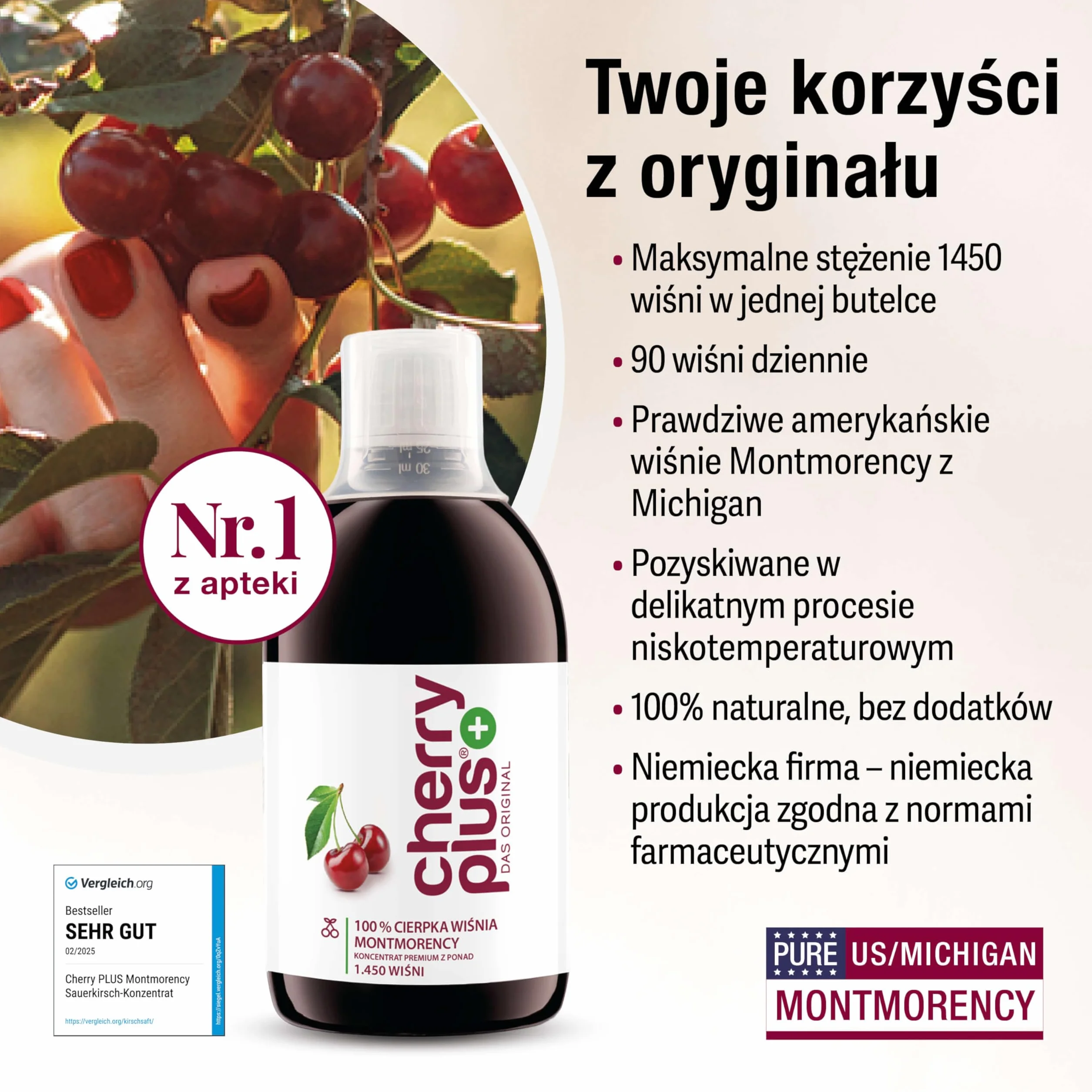 Cherry Plus koncentrat z czereśni Montmorency, Wysoko skoncentrowany (z soku bezpośredniego), Czysty, 500 ml
