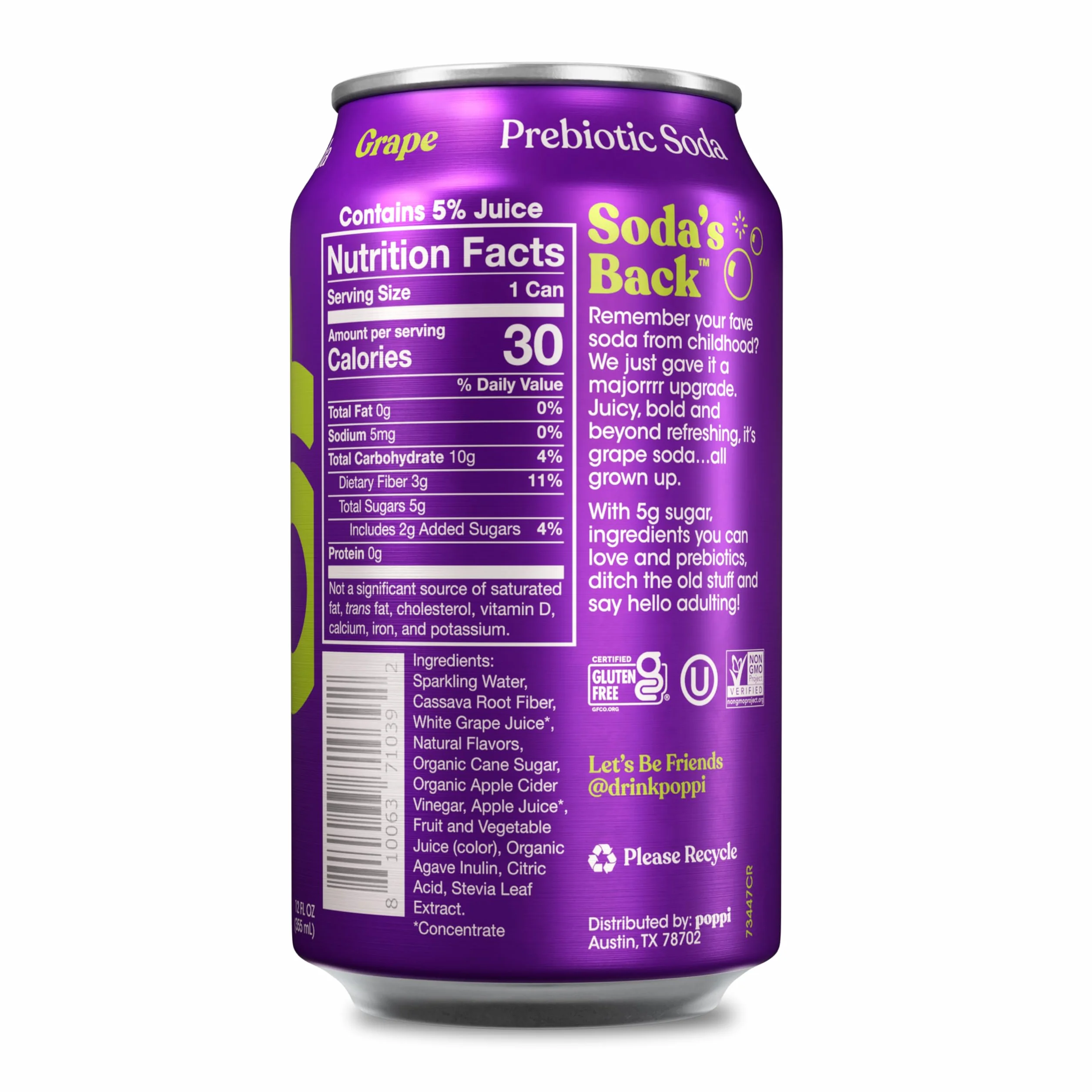 POPPI Sparkling Prebiotic Grape Soda w/Gut Health & Immunity Benefits, Beverages made with Apple Cider Vinegar, Seltzer Water & Fruit Juice, Low Calorie & Low Sugar Drinks, 12oz (12 Pack)