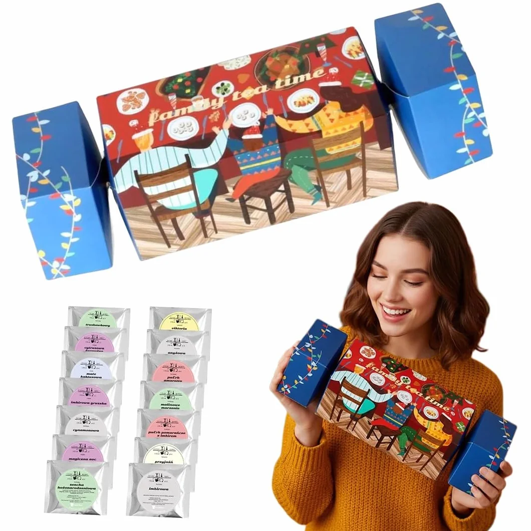 ŚWIĄTECZNY CRACKER ZESTAW 14 HERBAT SYPANYCH W SASZETKACH - PREZENT UPOMINEK NA MIKOŁAJA ŚWIĘTA GWIAZDKĘ BOŻE NARODZENIE POD CHOINKĘ DLA KOBIETY FACETA ŻONY MĘŻA