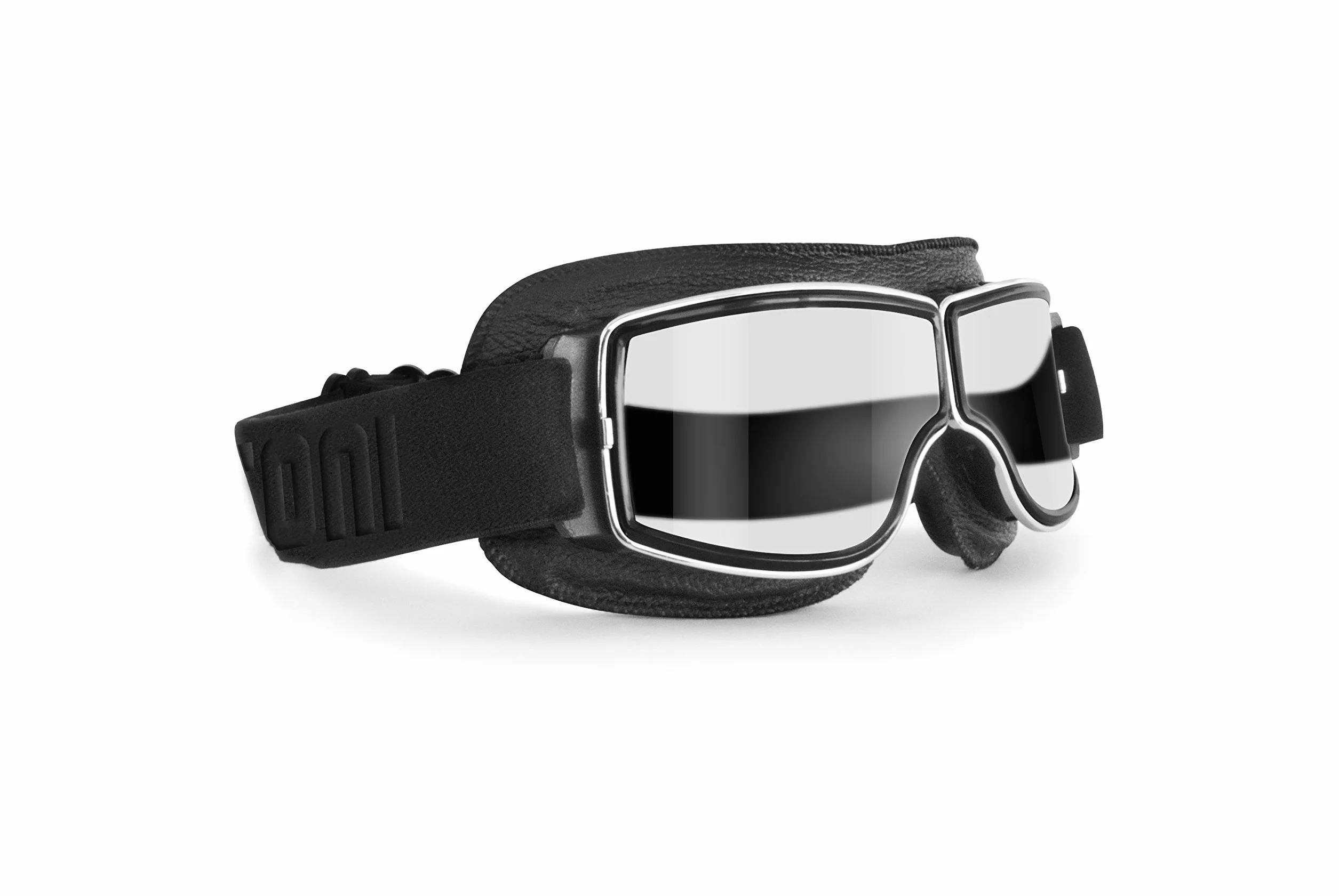 BERTONI Gogle motocyklowe do Harley Davidson Chopper i Scrambler z czarnej skóry i chromowanej oprawki mod. 188