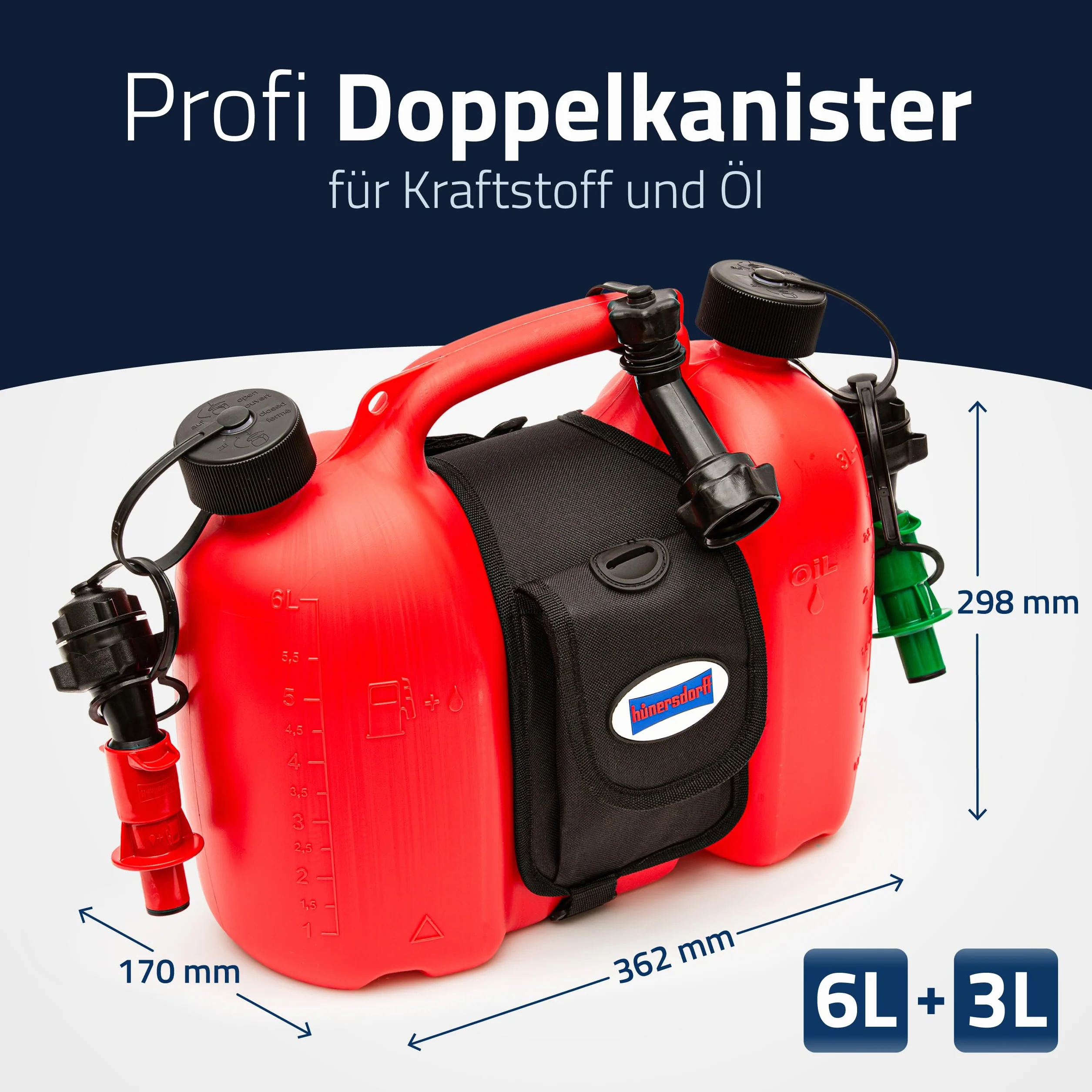 hünersdorff 805062 Profesjonalny podwójny kanister/kanister kombi na paliwo i olej z torbą podsiodłową i dwoma systemami napełniania, 6 + 3 litry, dopuszczenie ONZ, Made in Germany, czerwony