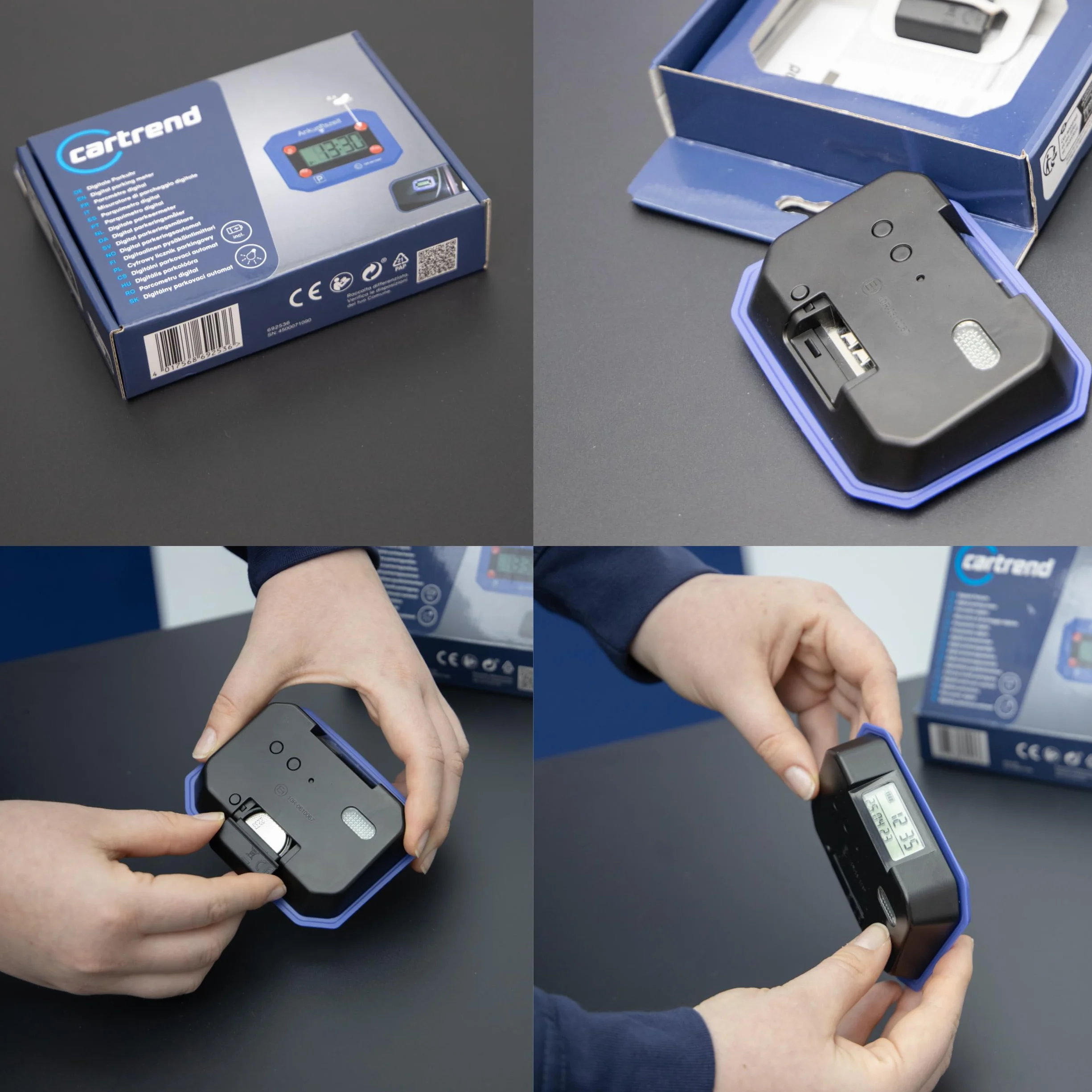 cartrend Cyfrowy zegar parkingowy do samochodu, elektroniczna tarcza parkingowa z dopuszczeniem KBA (kod typu pojazdu), automatyczny czas przybycia, z wyświetlaczem, niezawodny, łącznie z baterią i