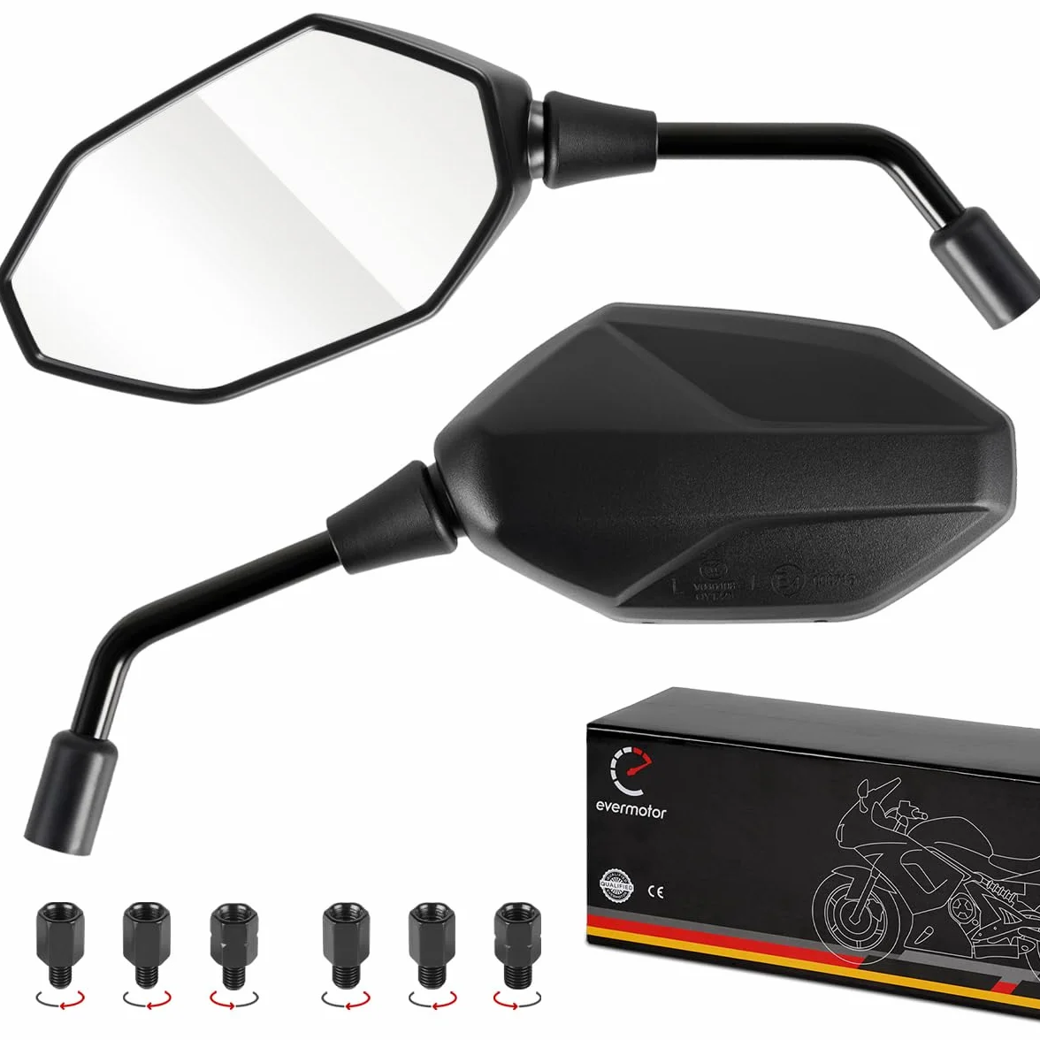 Evermotor Lusterka motocyklowe, z certyfikatem E, lusterka do motocykli, 360° lusterka do skuterów mobilnych, ze śrubami gwintowanymi M8 M10, lusterko do motocykla, skutera, ATV, motoroweru, 2 szt