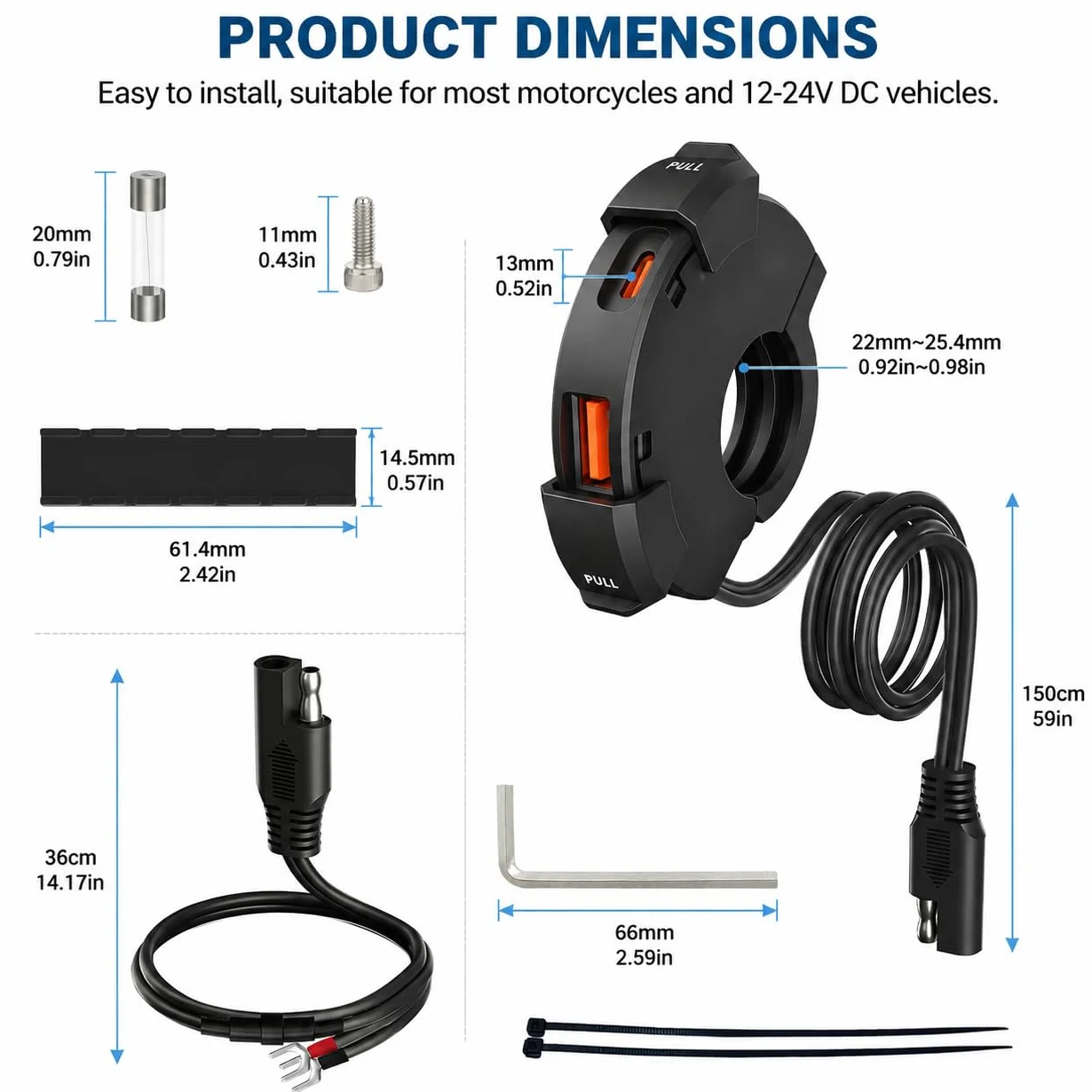 Motocyklowa ładowarka USB 48 W, 2 porty (QC3.0 18 W + PD3.0 30 W), IP65, gniazdo USB C 12-24 V – szybkie ładowanie w podróży i podczas przygód / na co dzień / na zewnątrz – kompatybilna z telefonami